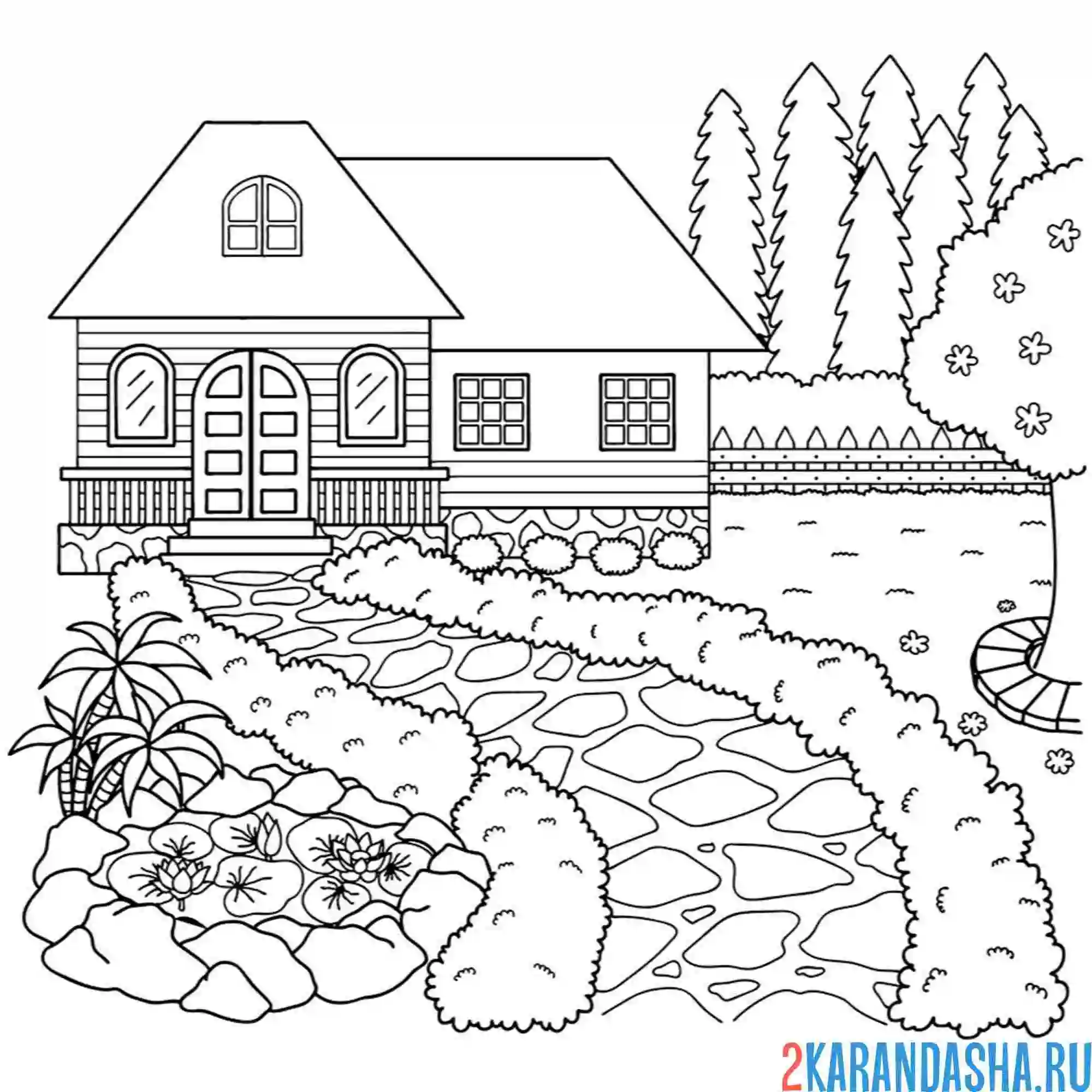 Раскраска домик в летнем саду