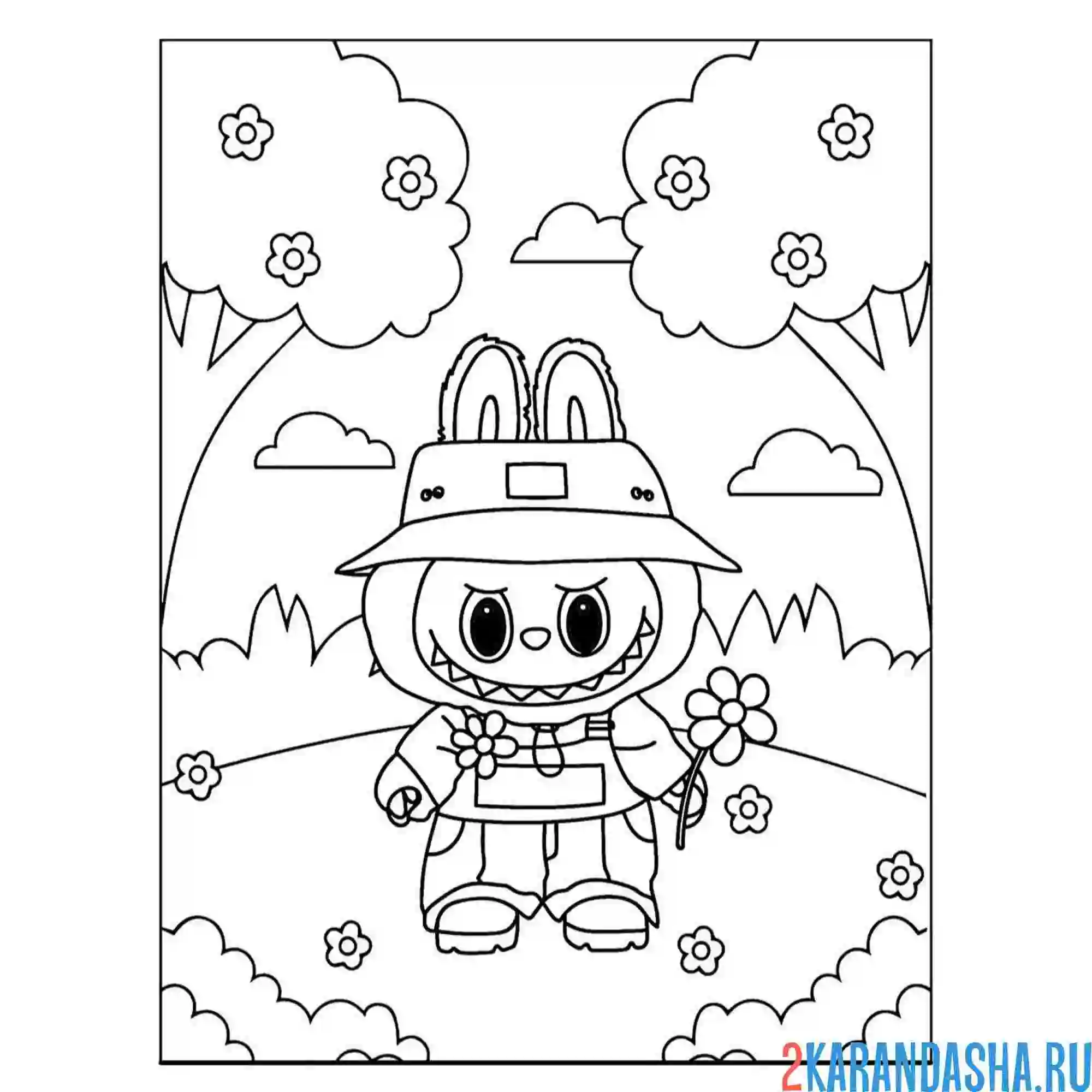 Раскраска лабубу в саду