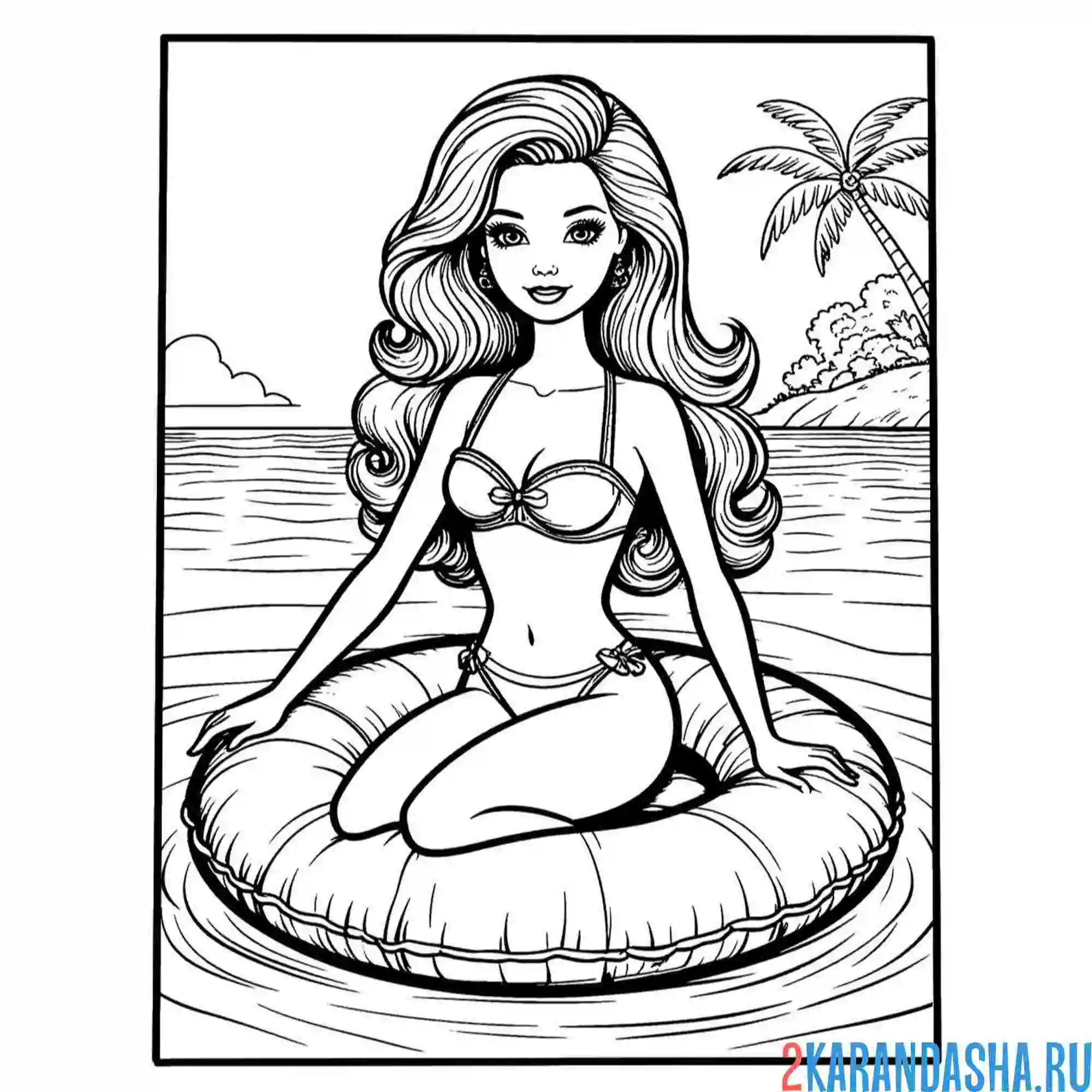 Раскраска барби плавает с кругом