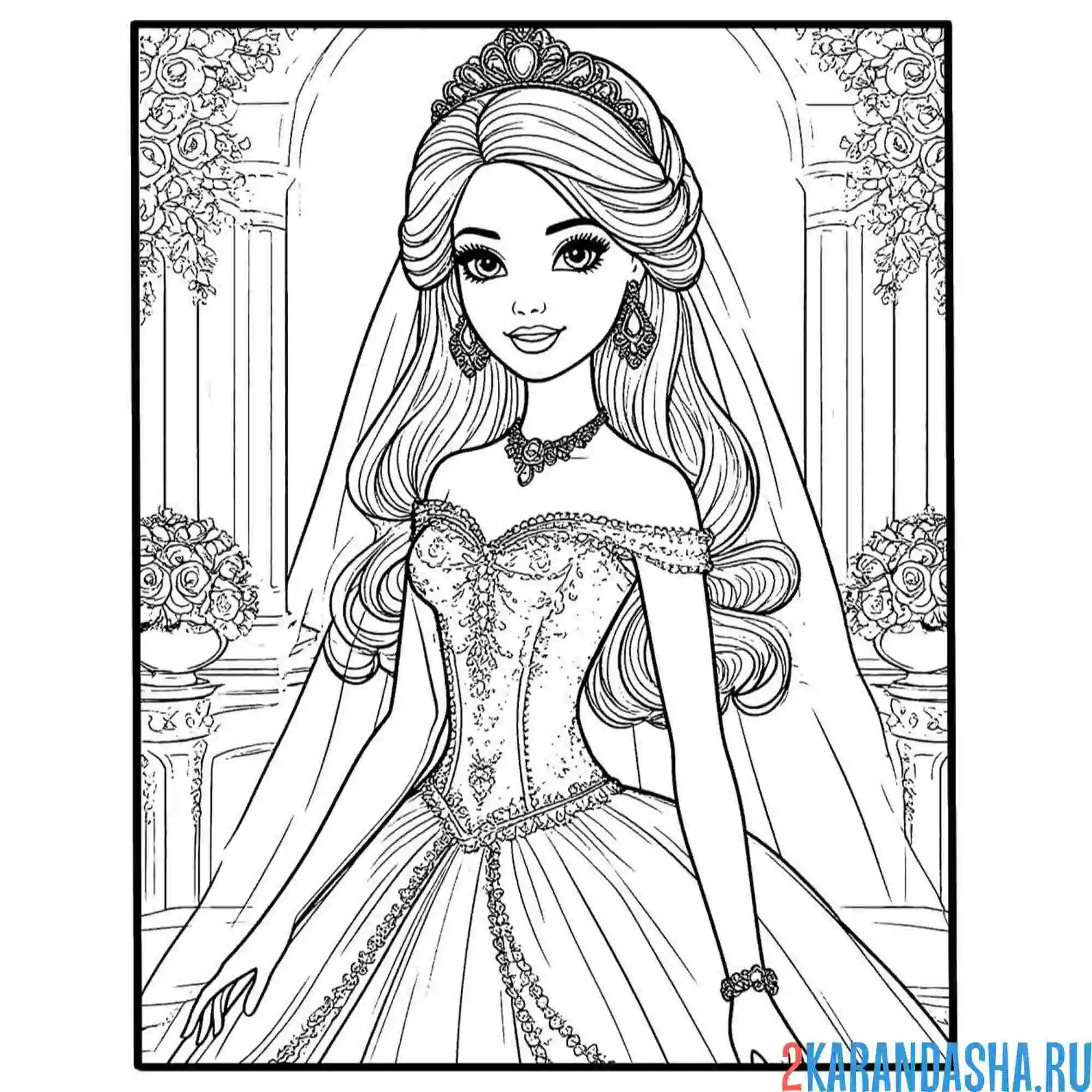 Раскраска барби в свадебном платье и фате
