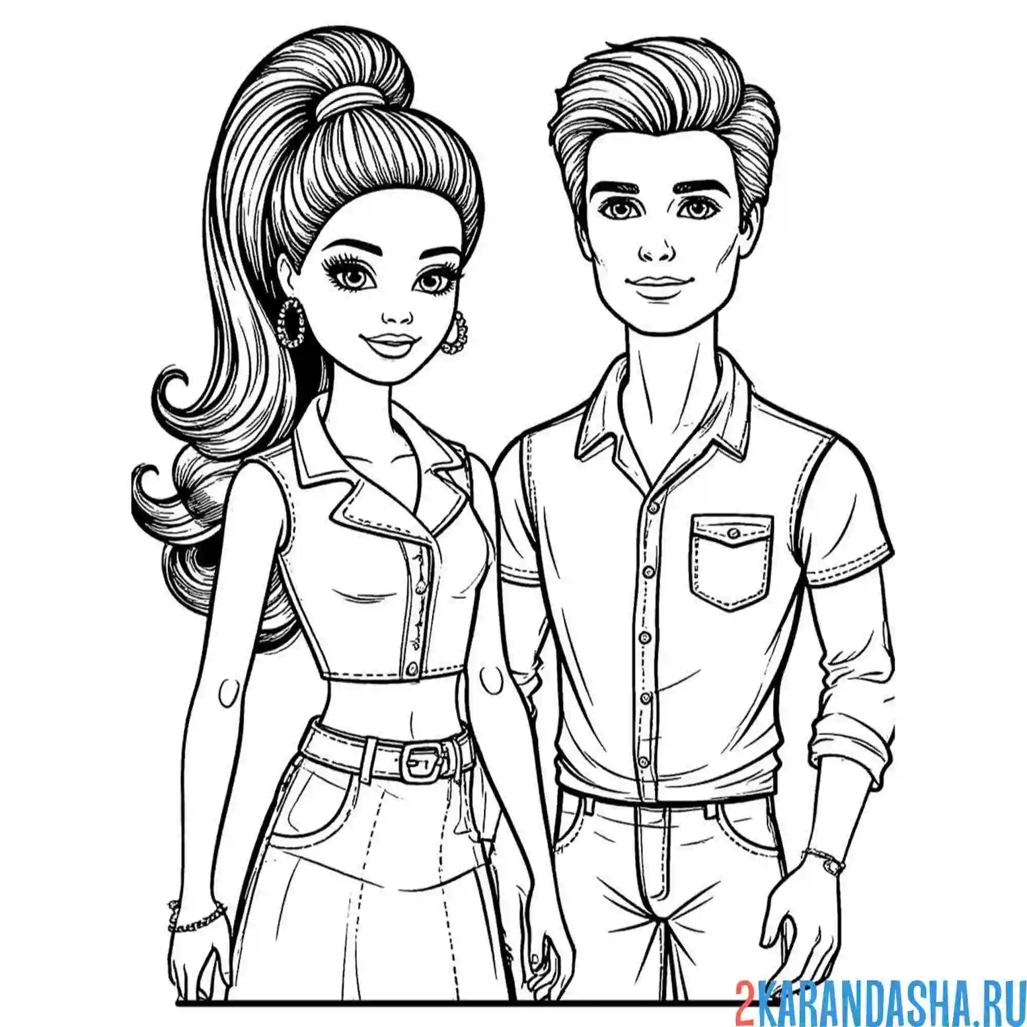 Раскраска барби с хвостиком на голове и ее кен