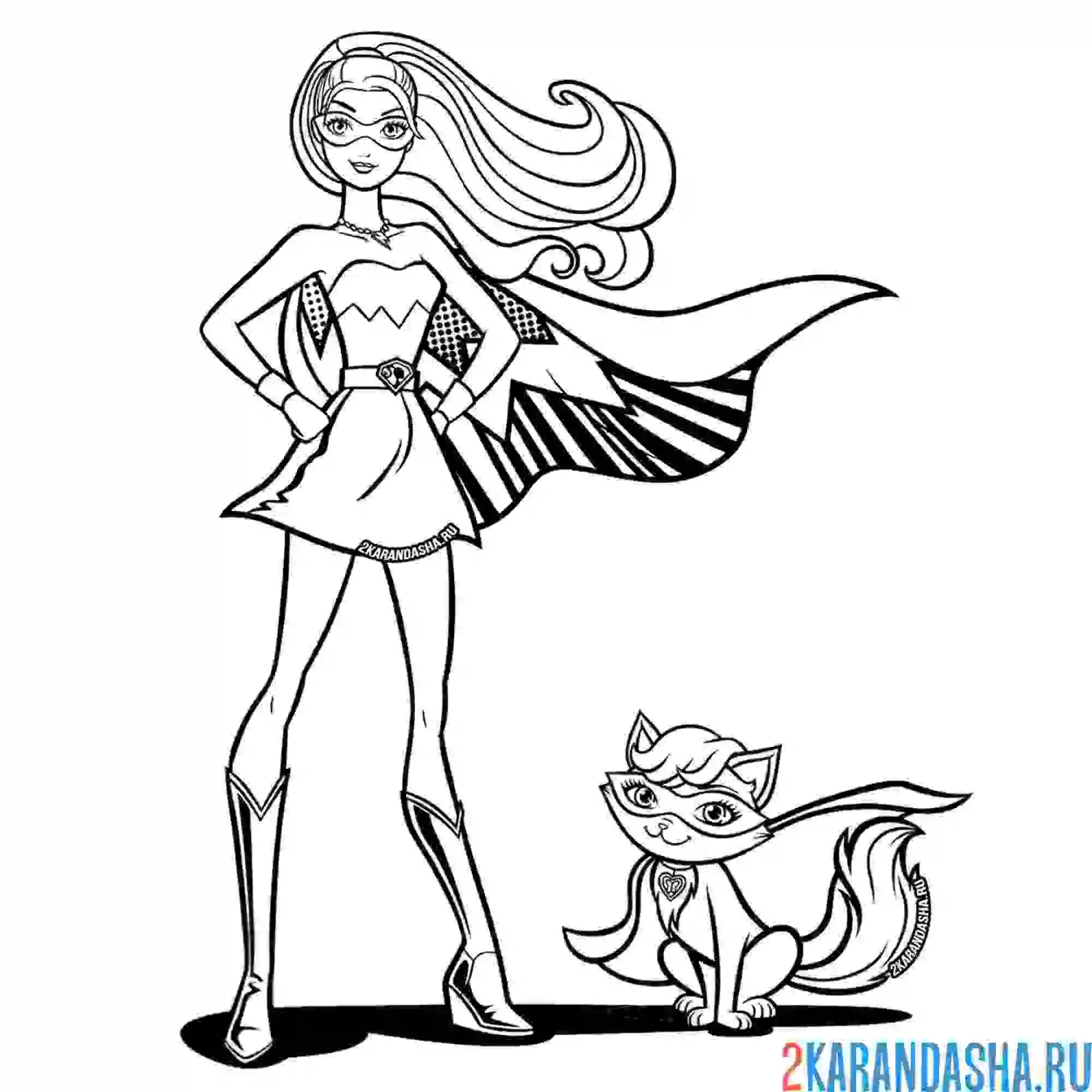 Раскраска супер-принцесса барби с кошечкой