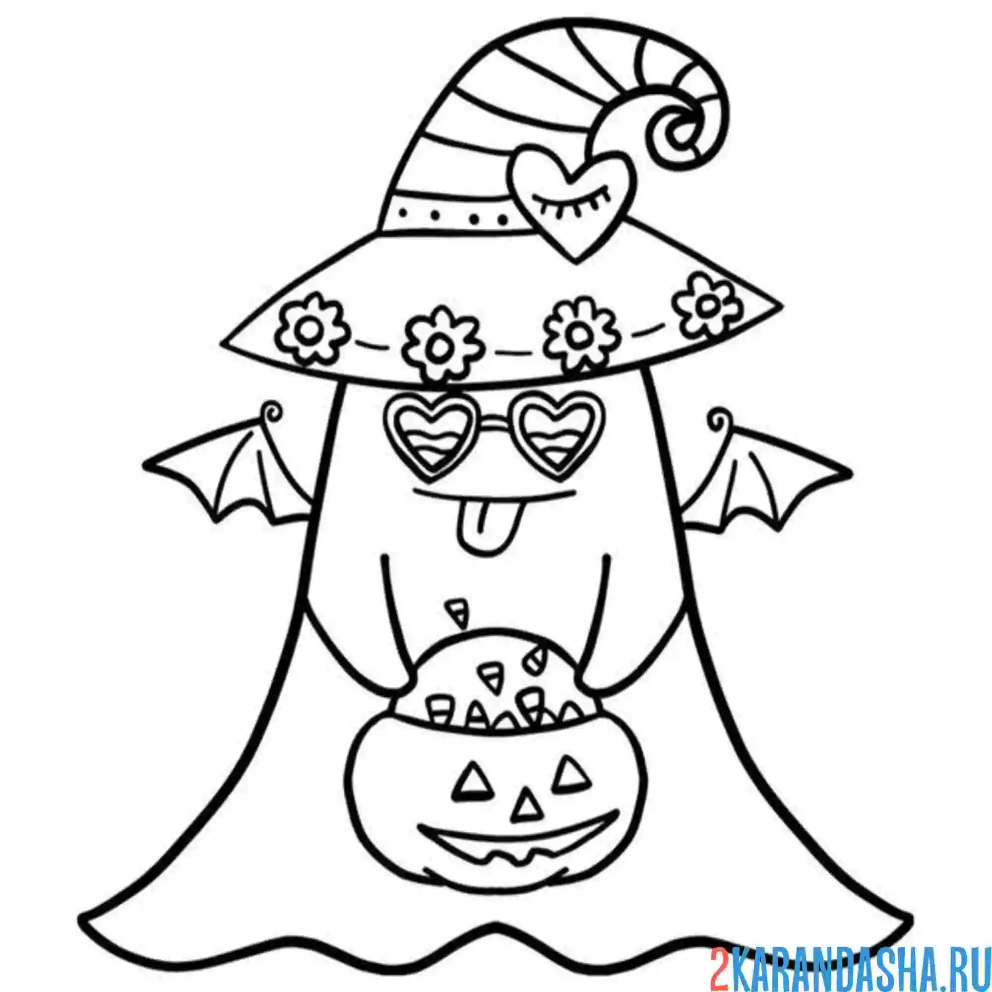 Раскраска привидение в шляпе на хэллоуин