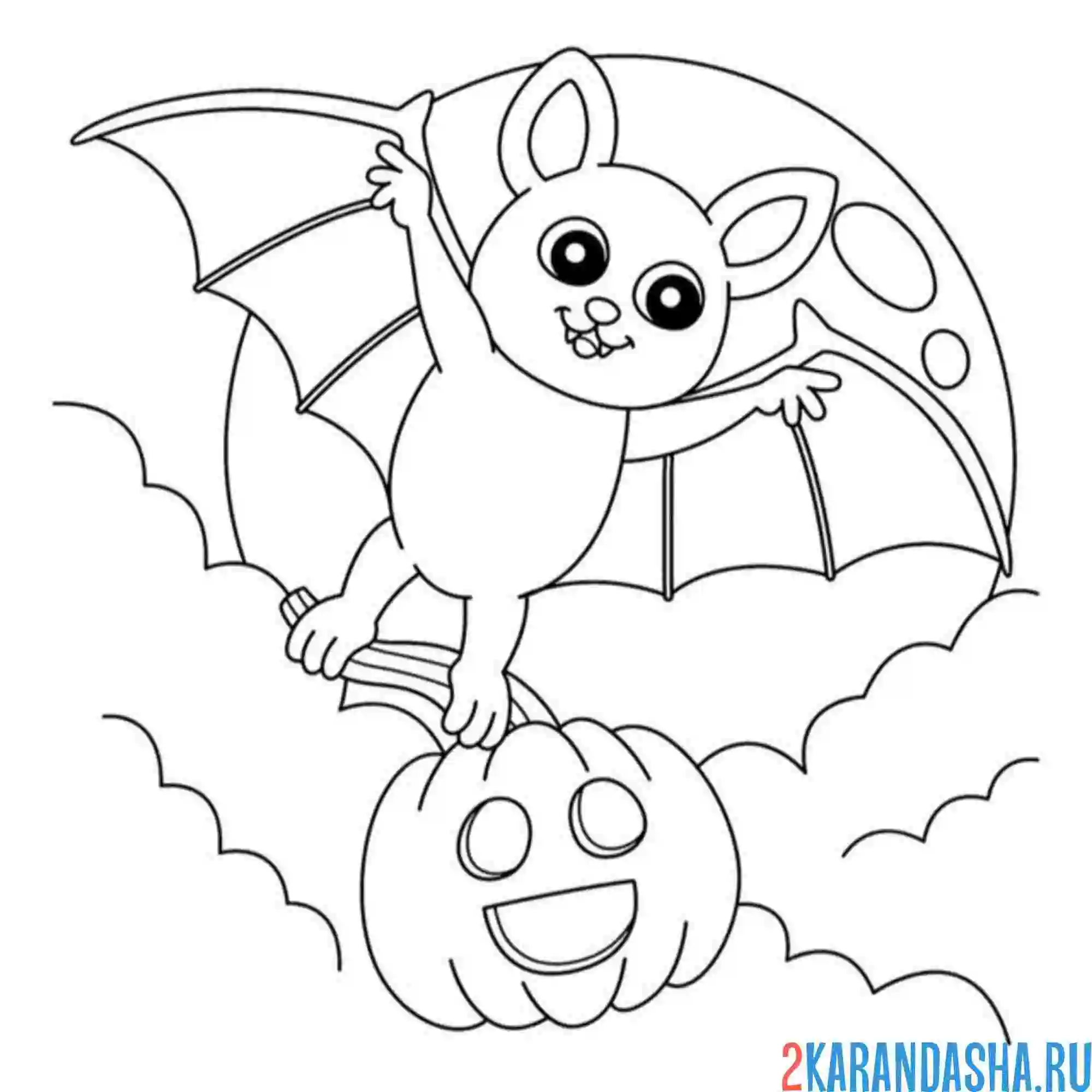 Раскраска летучая мышь с тыквой на хэллоуин