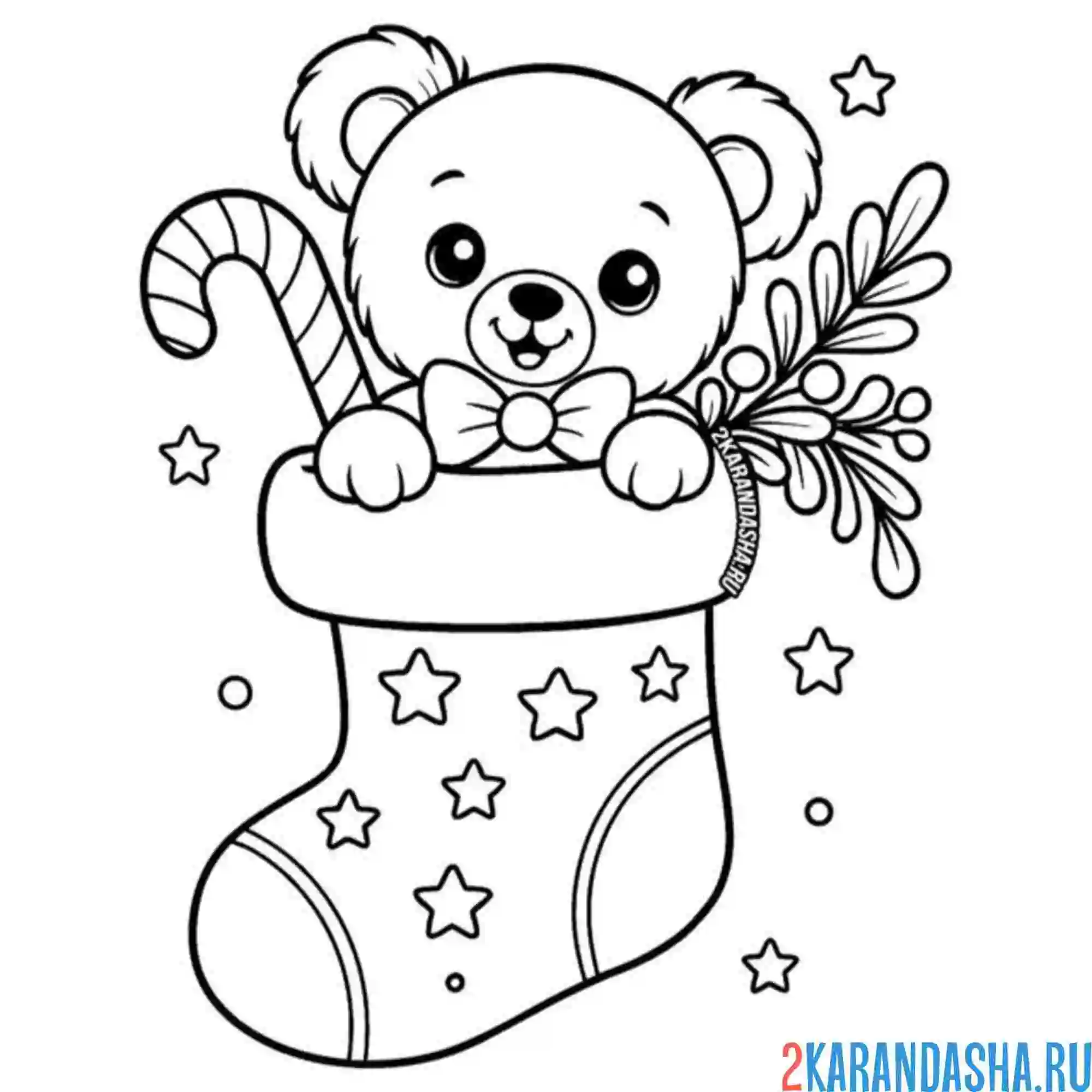 Раскраска новогодний мишка в носке