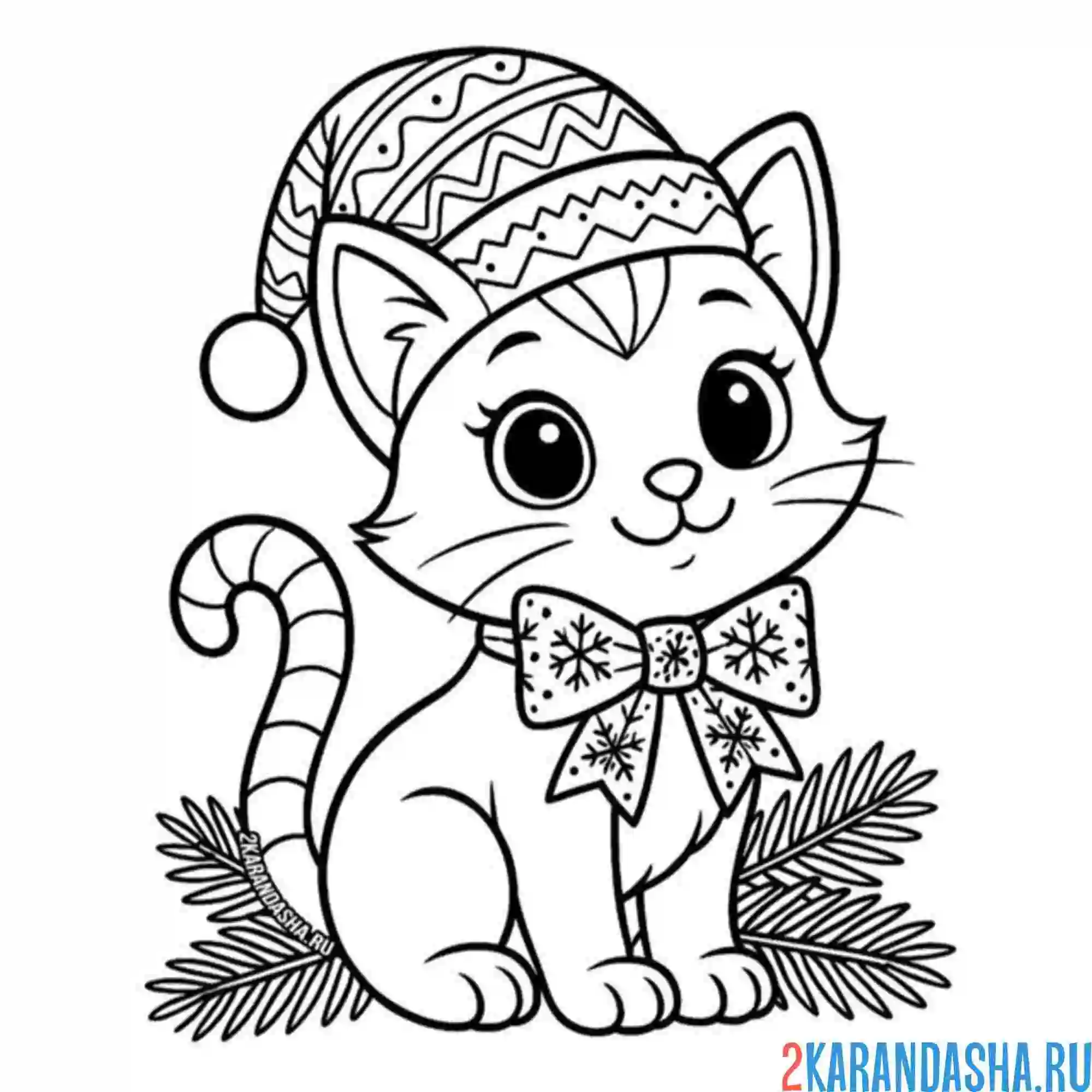 Раскраска котик в новогодней шапке