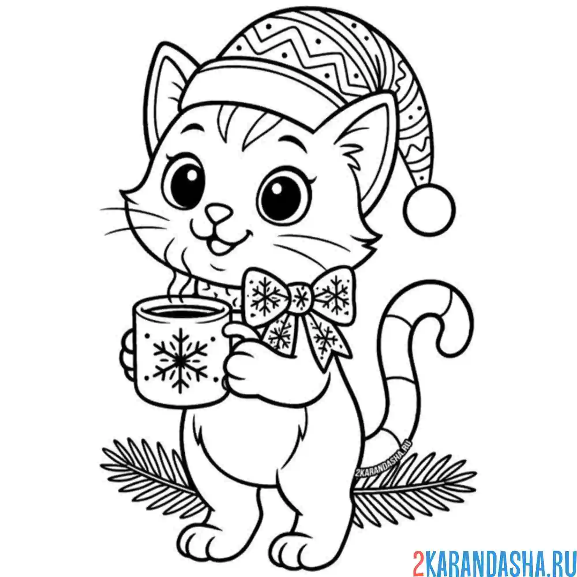 Раскраска новогодний котик с чашкой какао