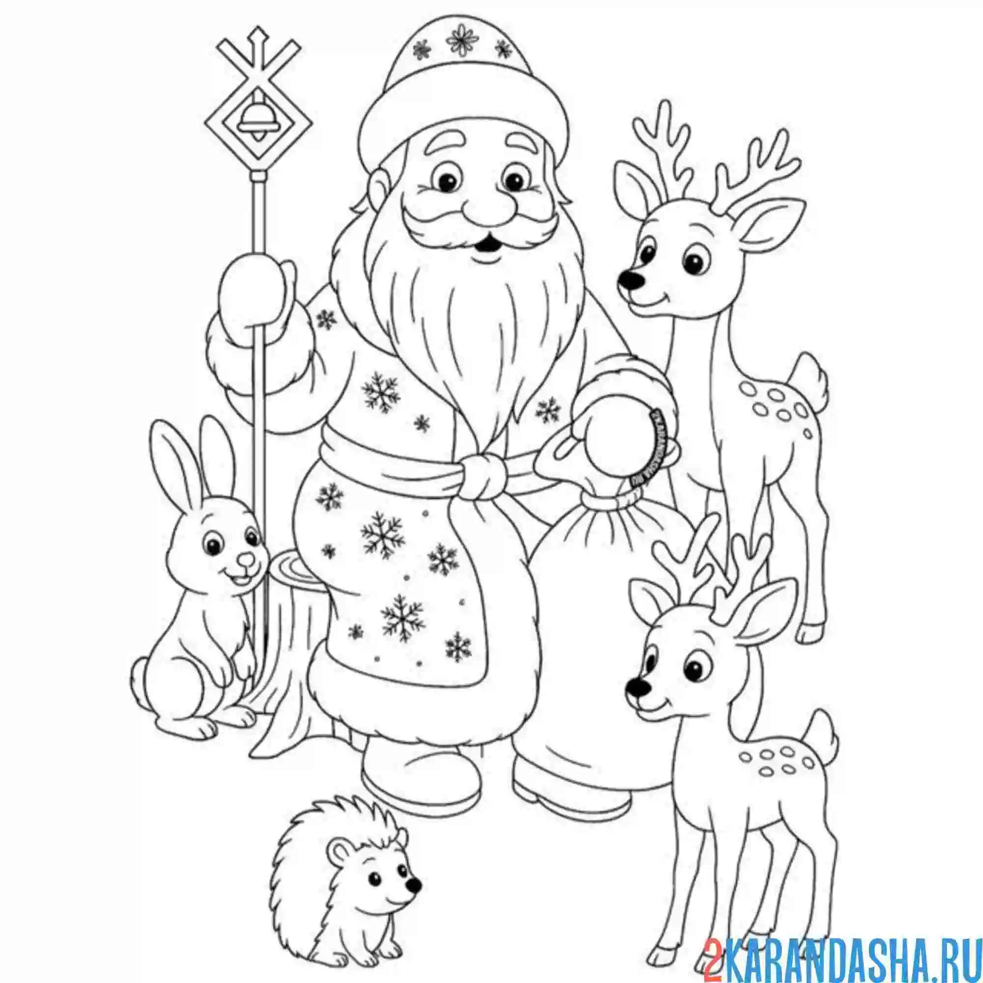 Раскраска дед мороз и лесные животные