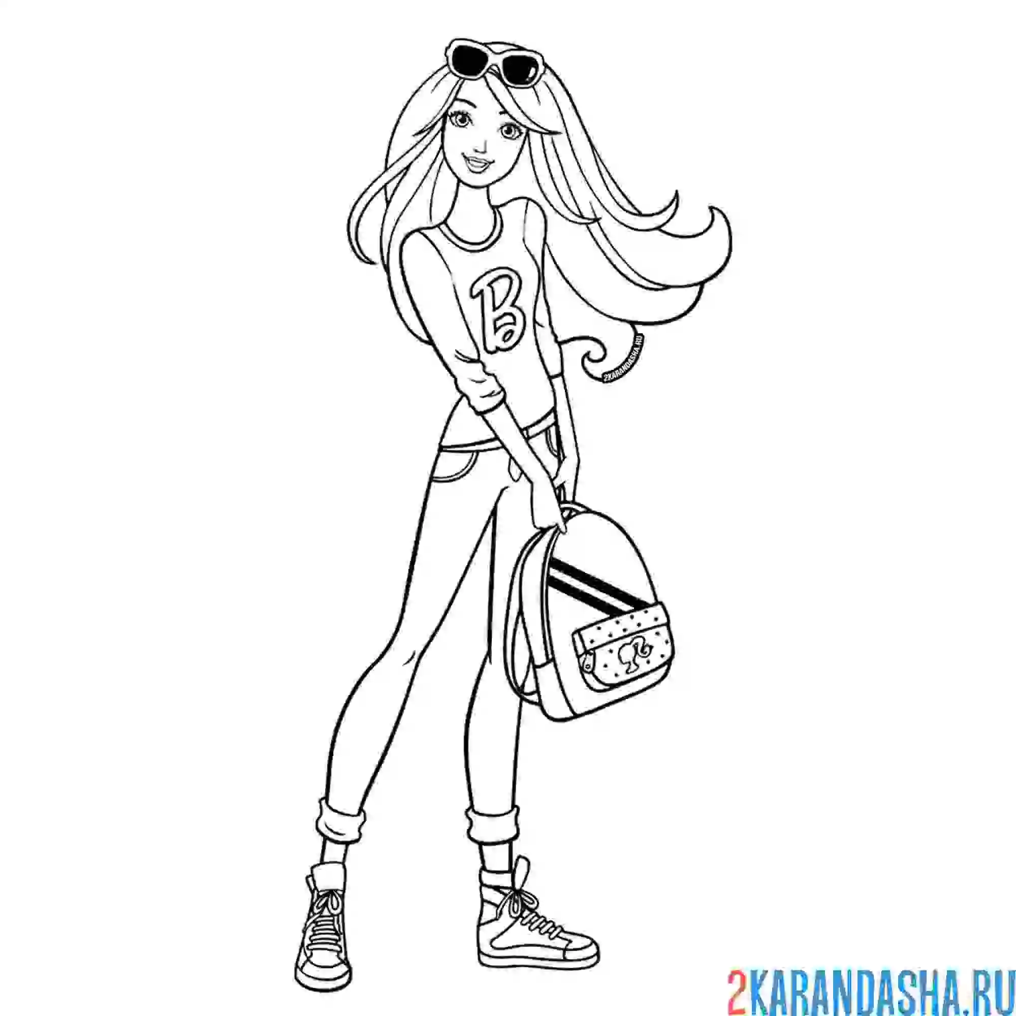 Раскраска барби с рюкзаком, в очках и кедах