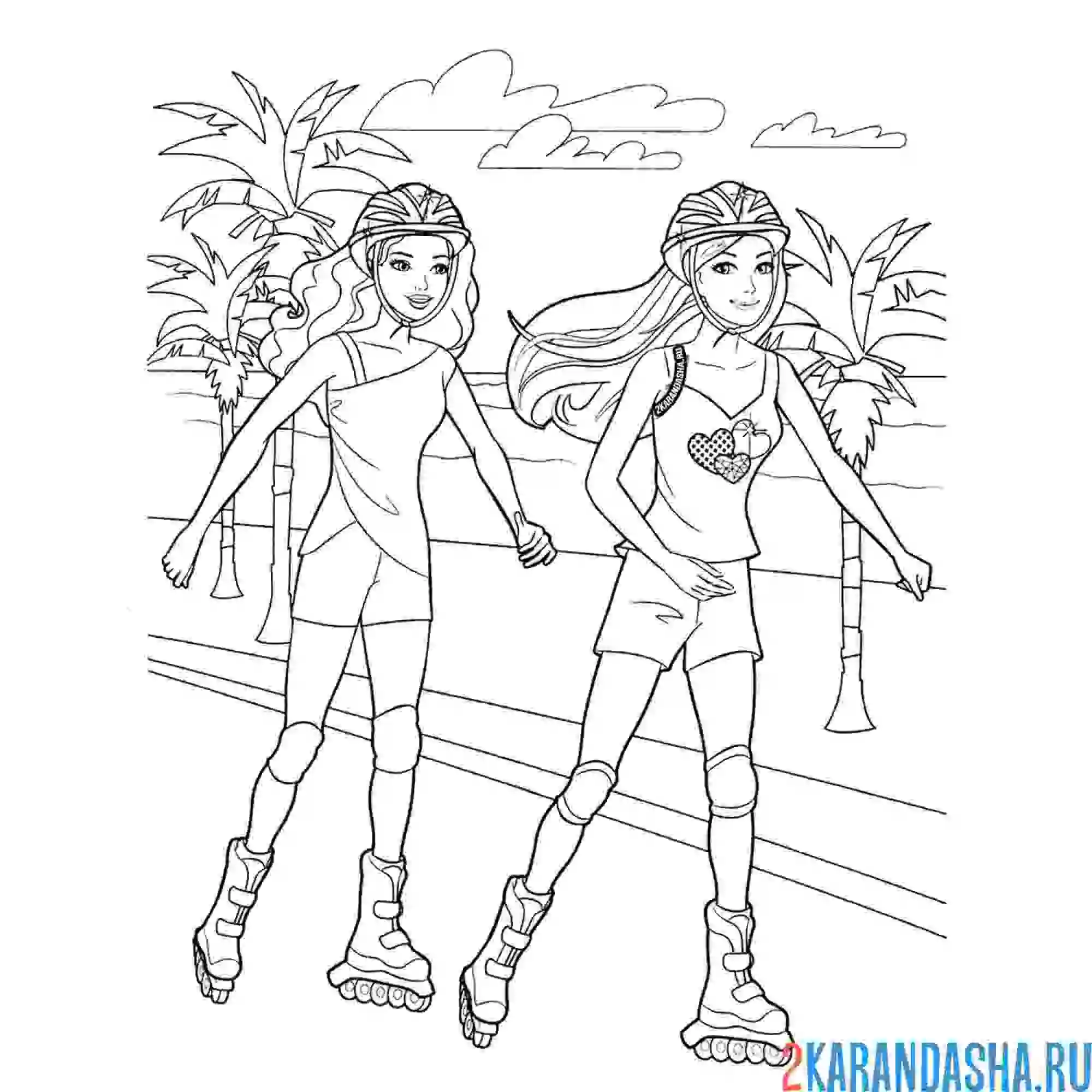 Раскраска барби подружки на роликах в парке