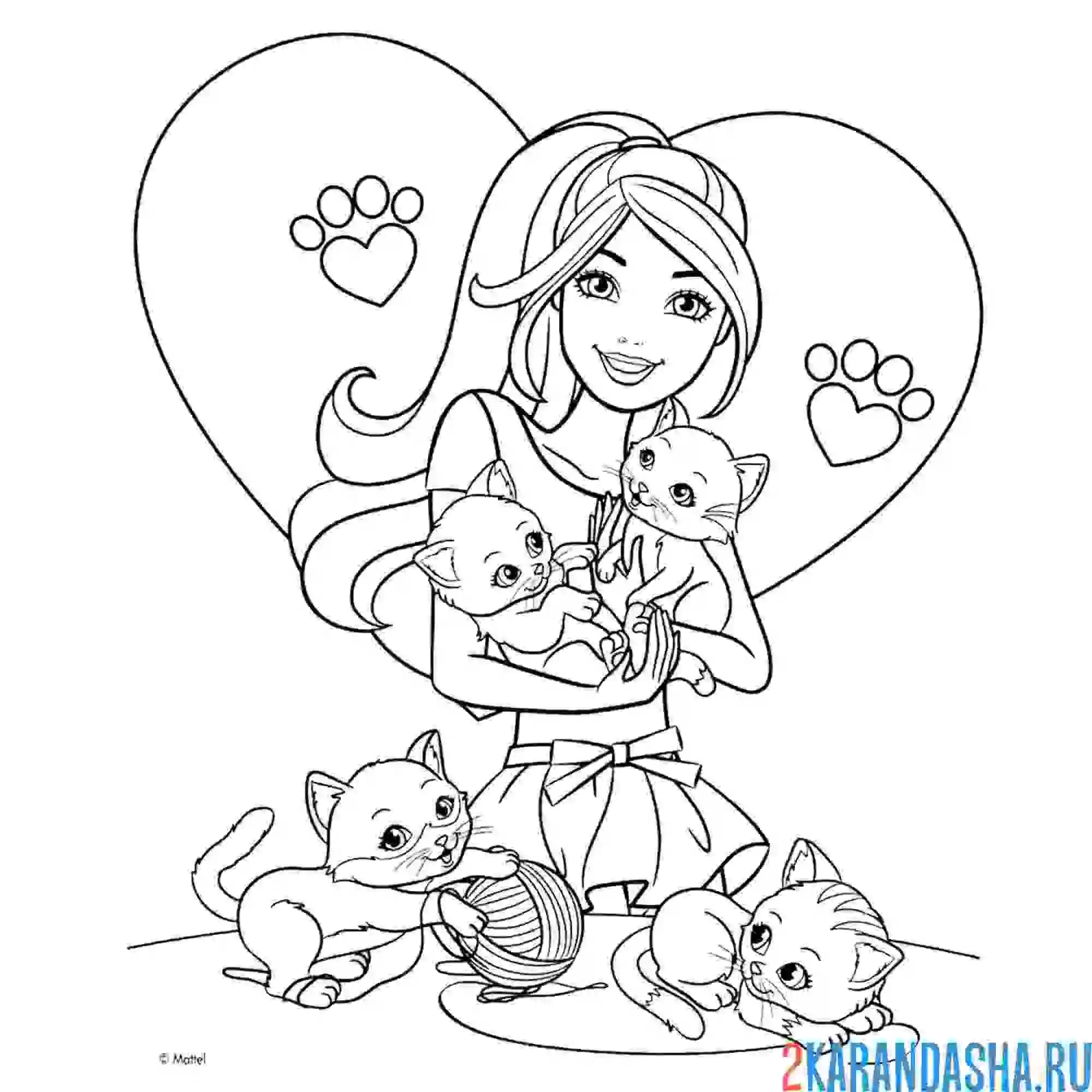 Раскраска барби с веселыми котятами