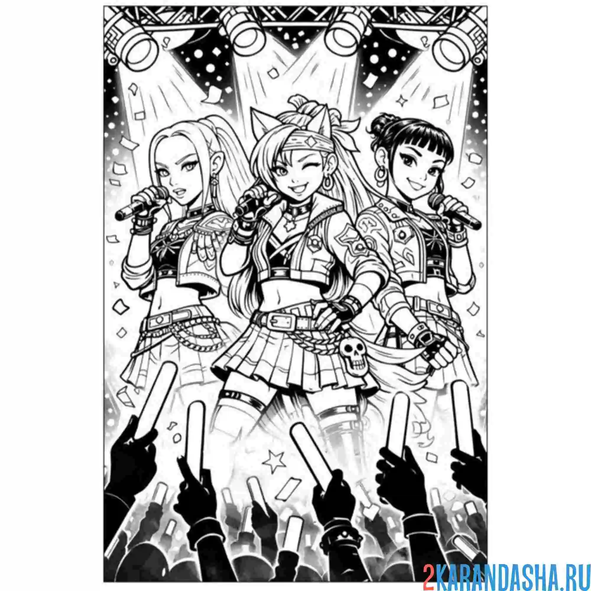 Раскраска кей-поп-охотницы на демонов на сцене хантрикс