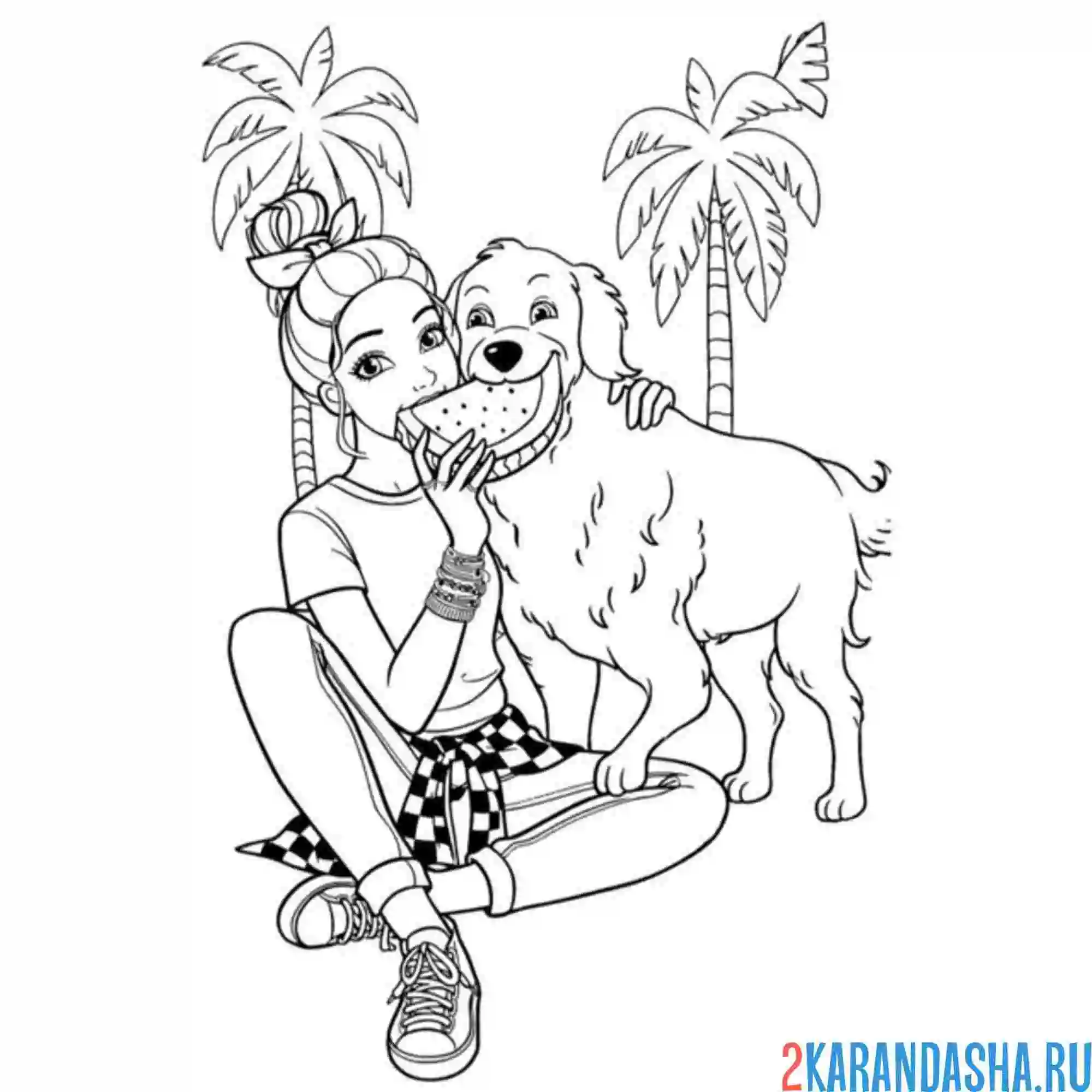 Раскраска барби с арбузом и своей собакой