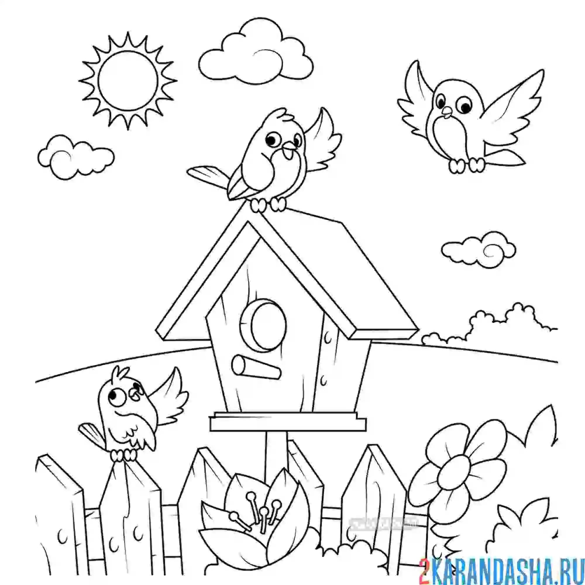 Раскраска весенний скворечник птицы поют