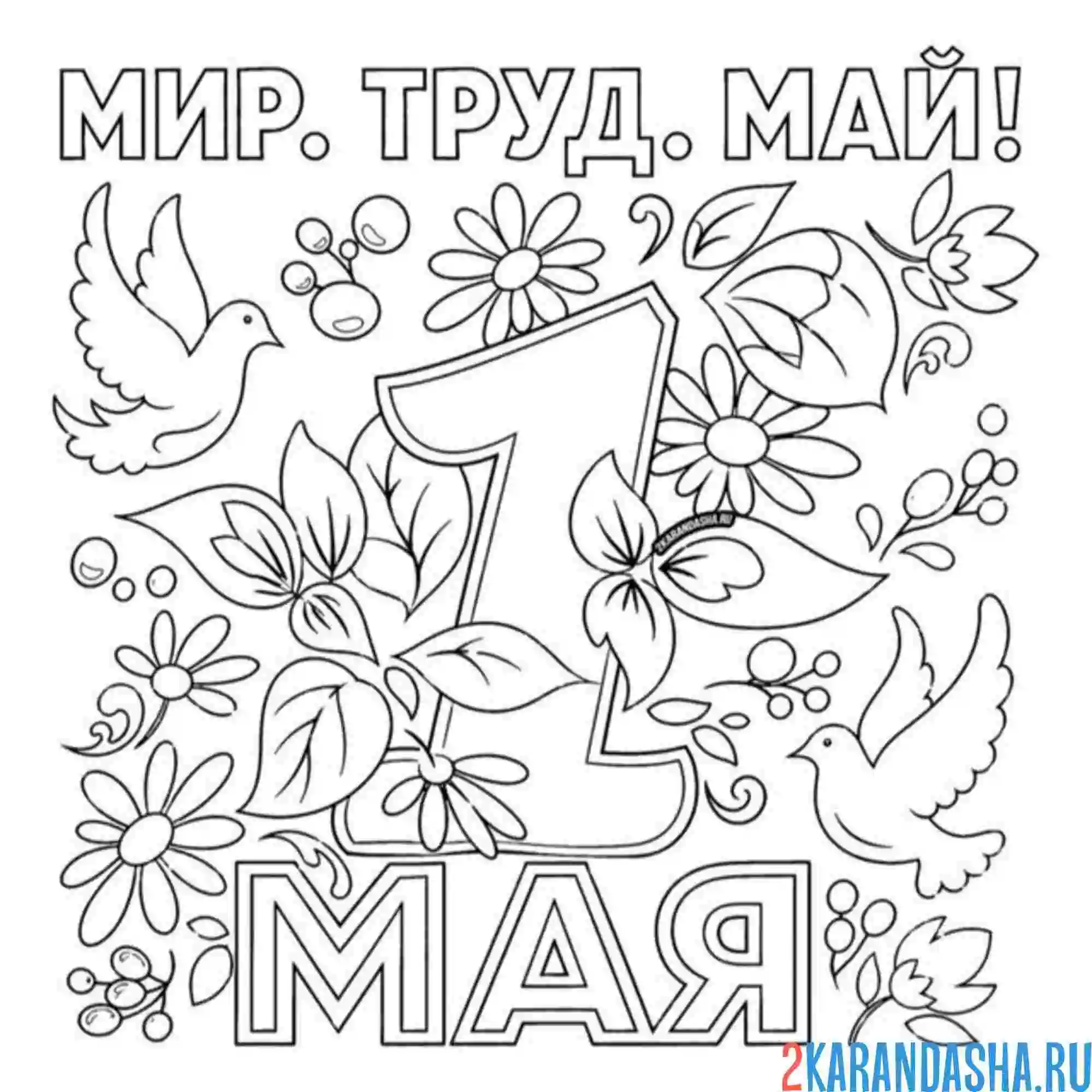 Раскраска 1 мая с голубками и цветами