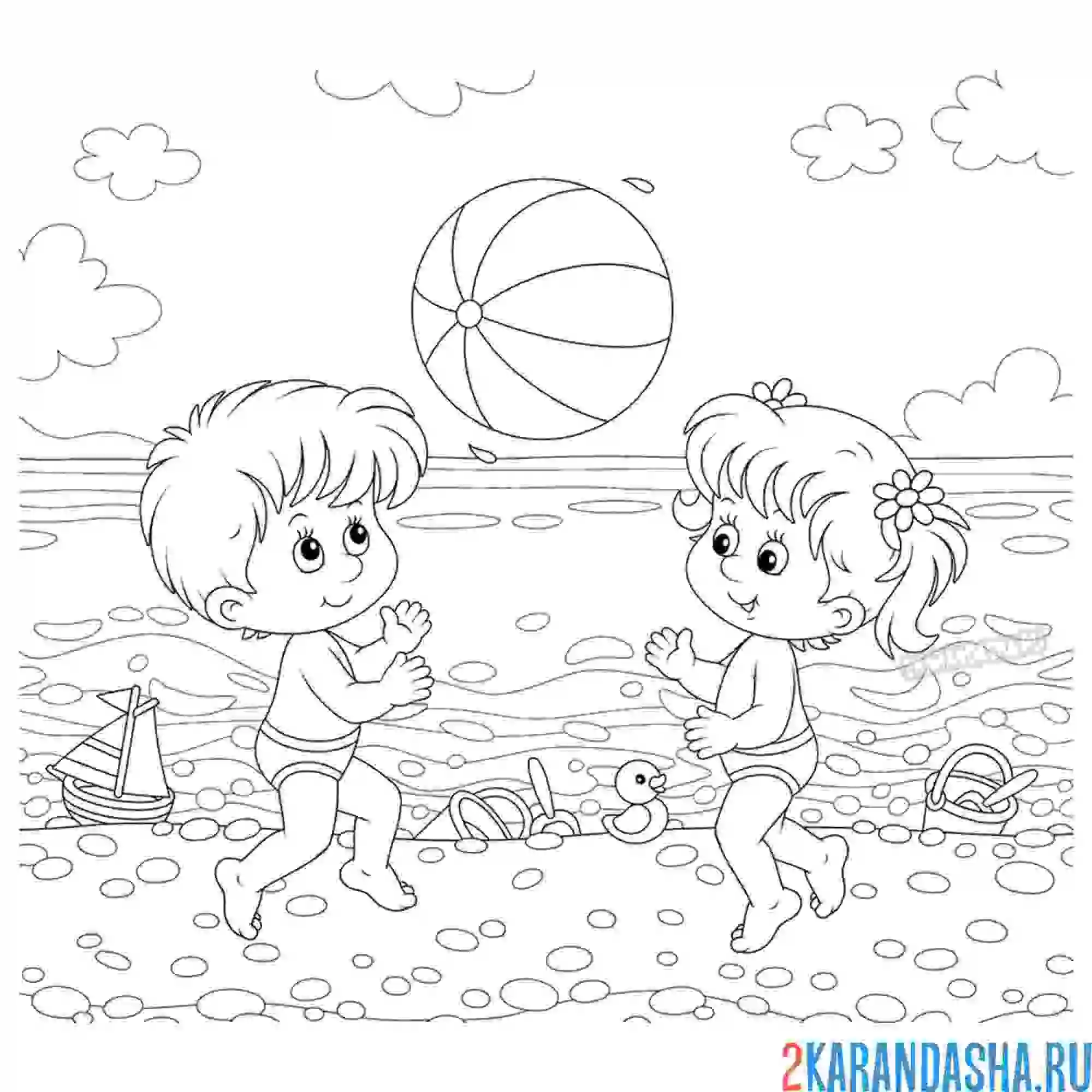 Раскраска море, пляж, дети, летняя забава