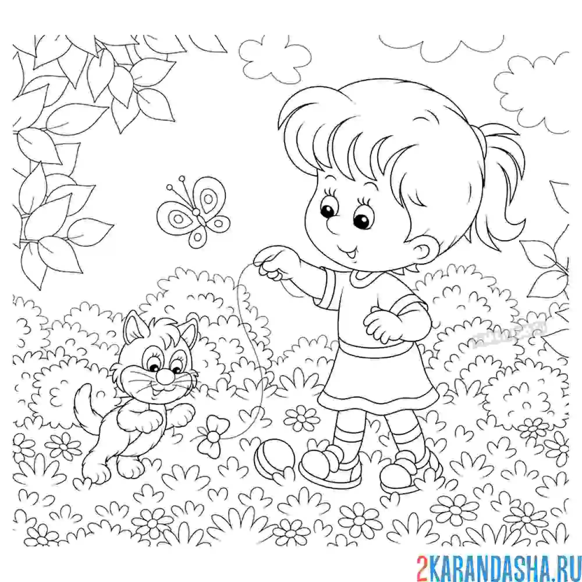 Раскраска природа, девочка играет в лесу с котом