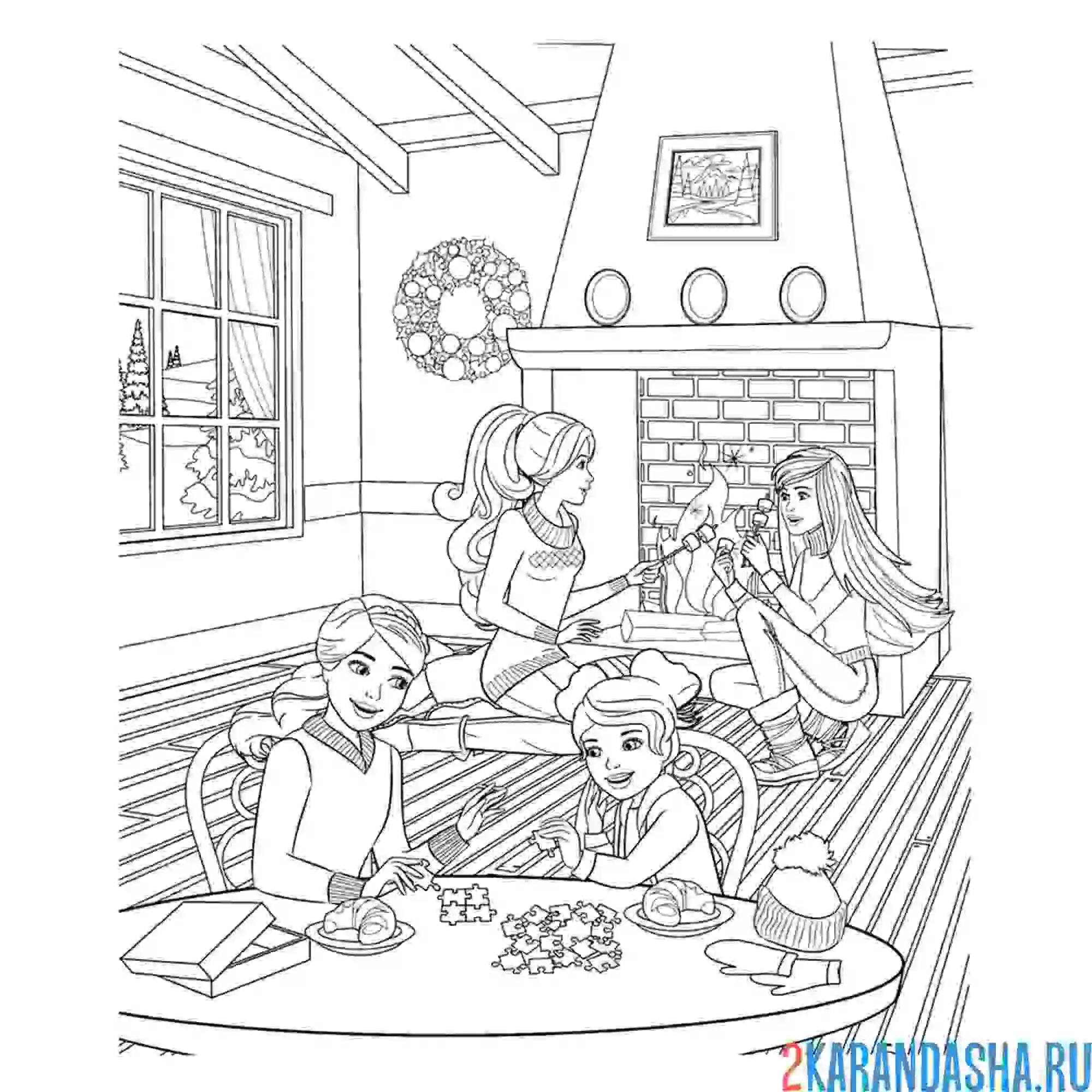 Раскраска барби в рождественском доме
