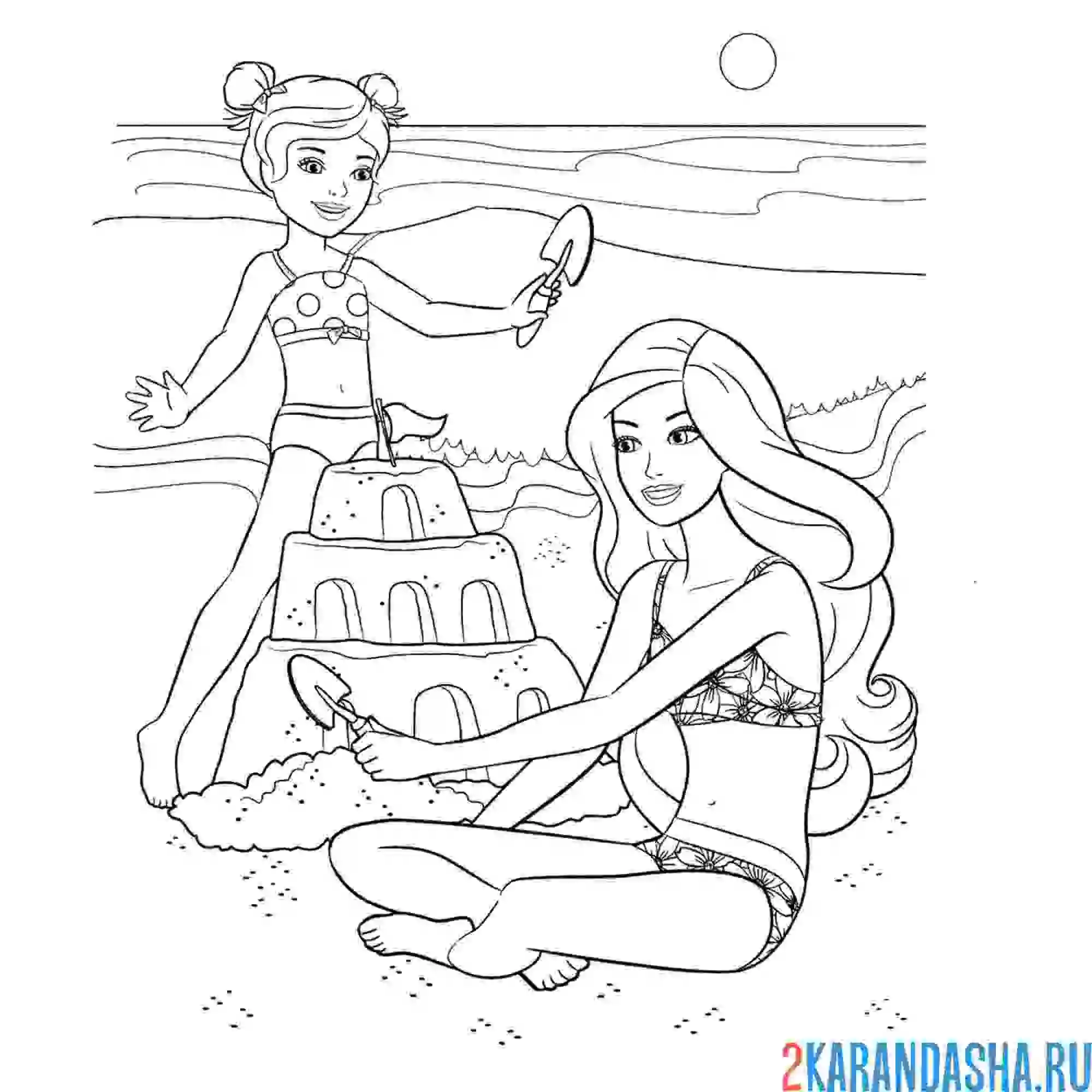 Раскраска барби летом на пляже