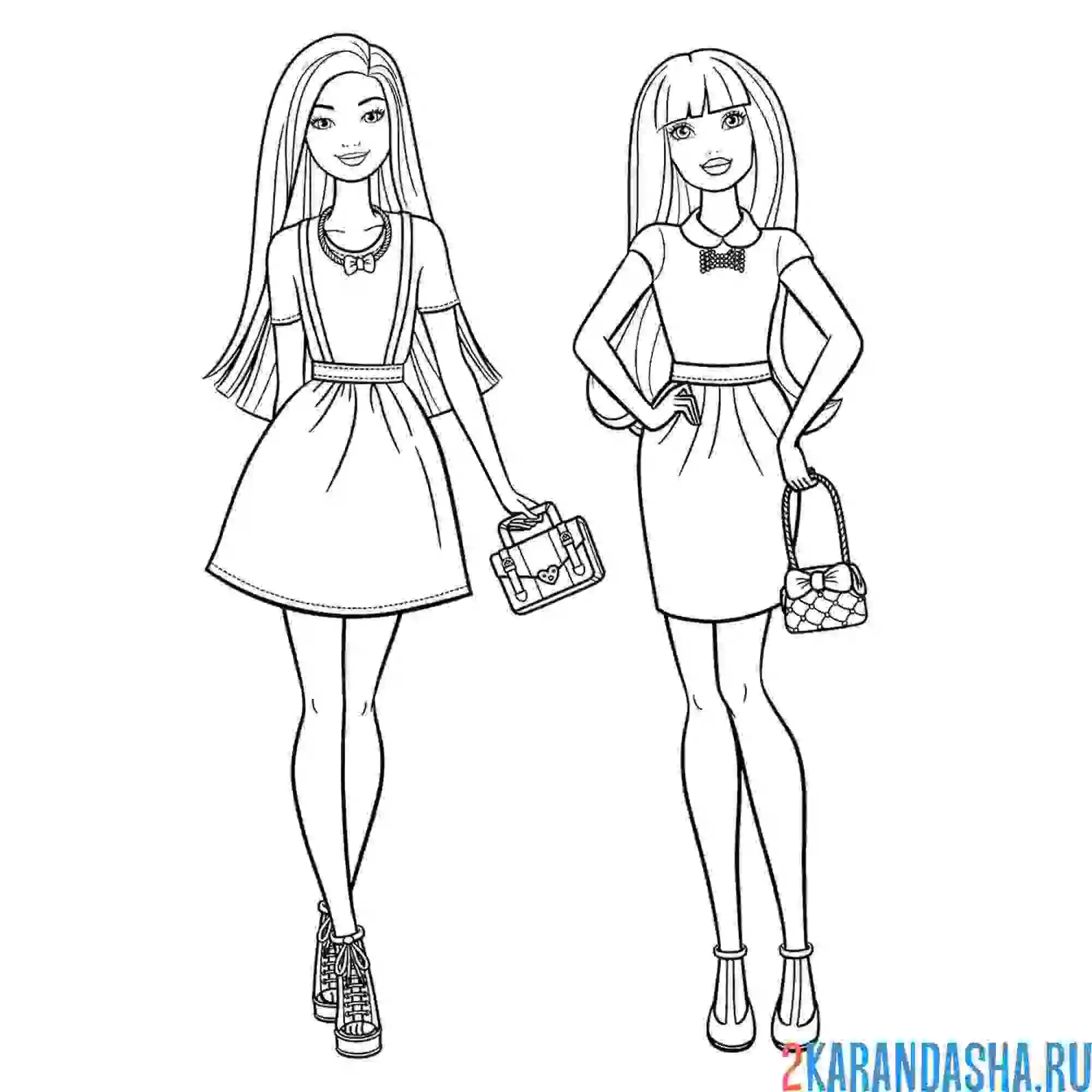 Раскраска барби подружки модницы в платьях и с сумочкой