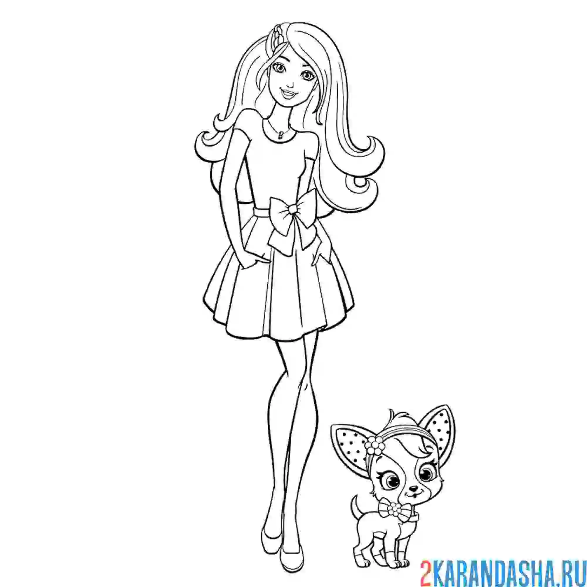 Раскраска барби в платье с бантом и с собачкой