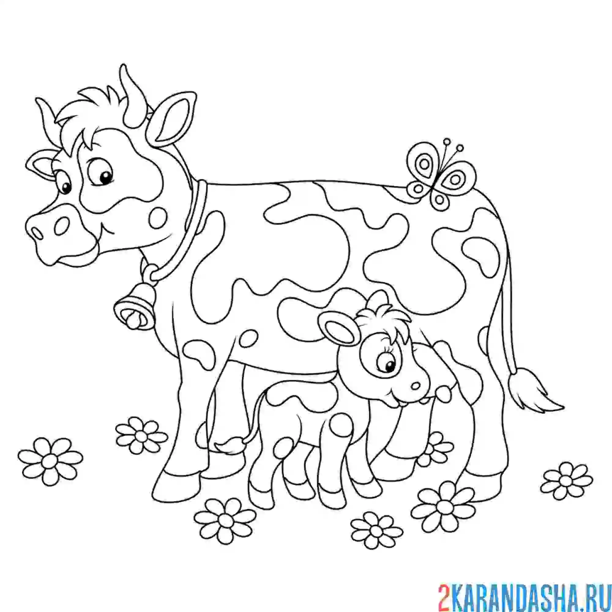 Раскраска мама корова с теленком
