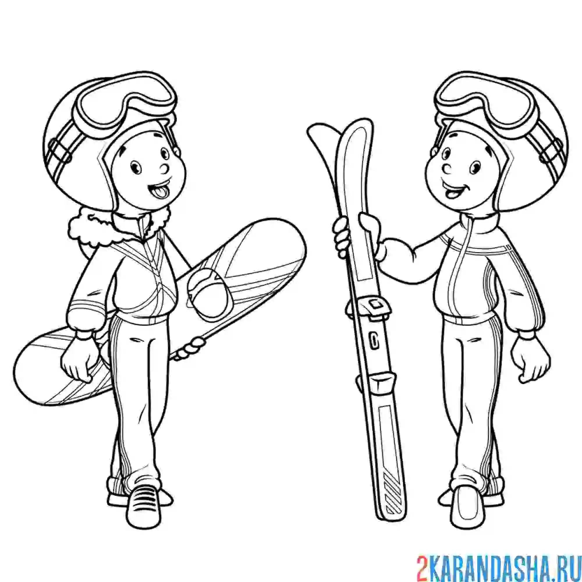 Раскраска лыжи и сноуборд зимние виды спорта