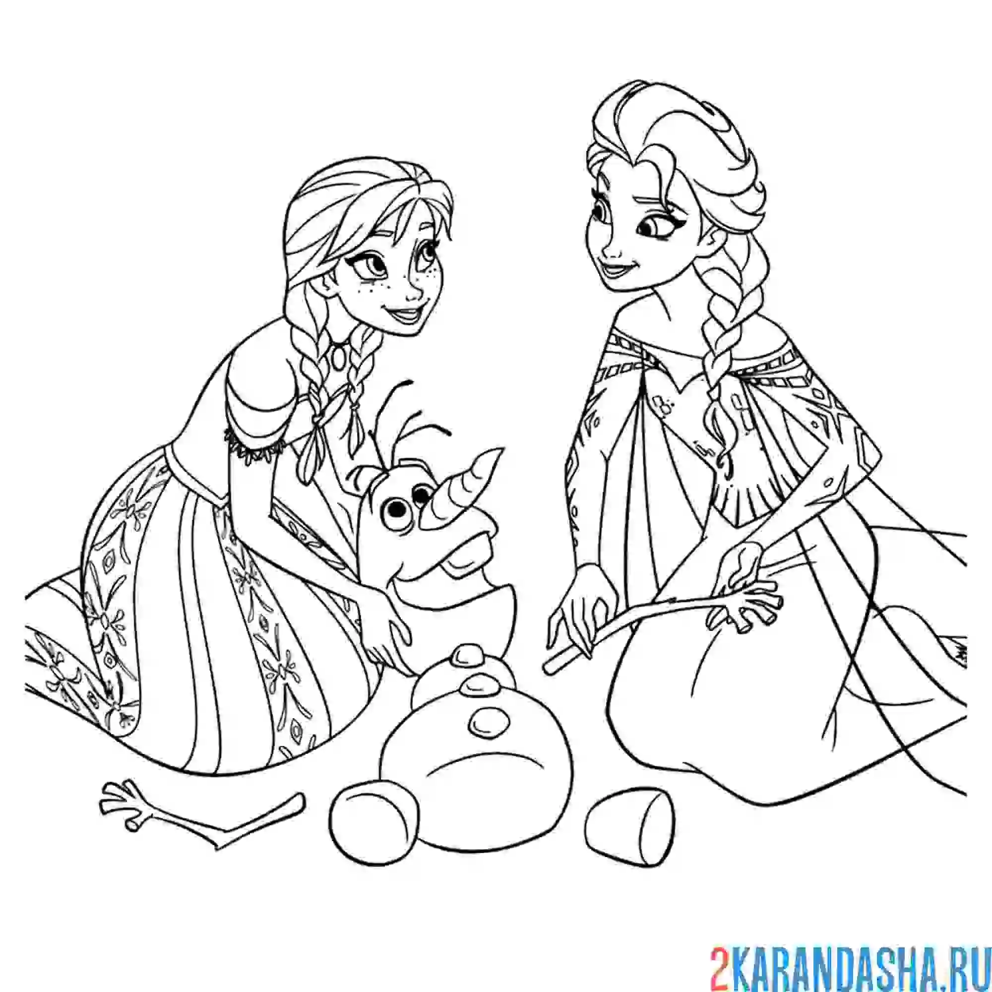 Раскраска эльза, анна и снеговик олаф