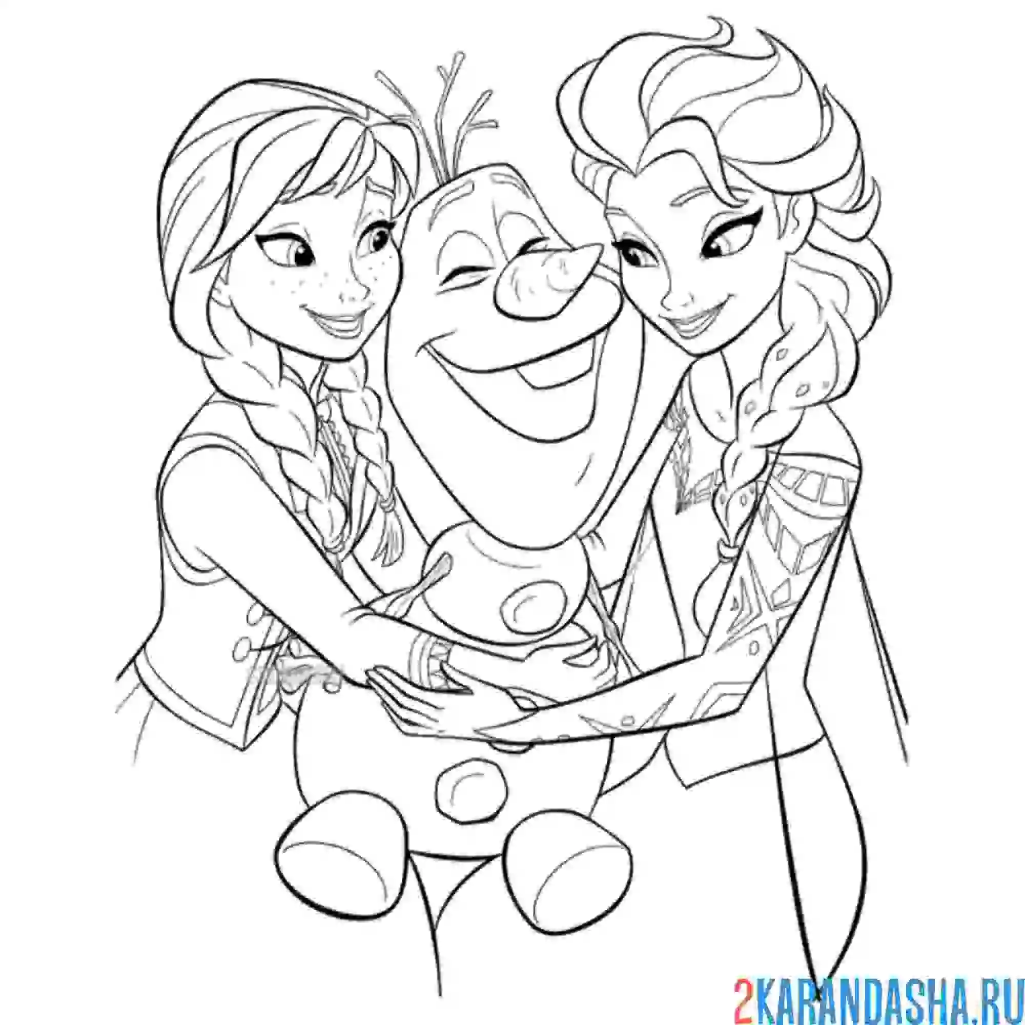 Раскраска сестры анна и эльза со снеговиком олафом