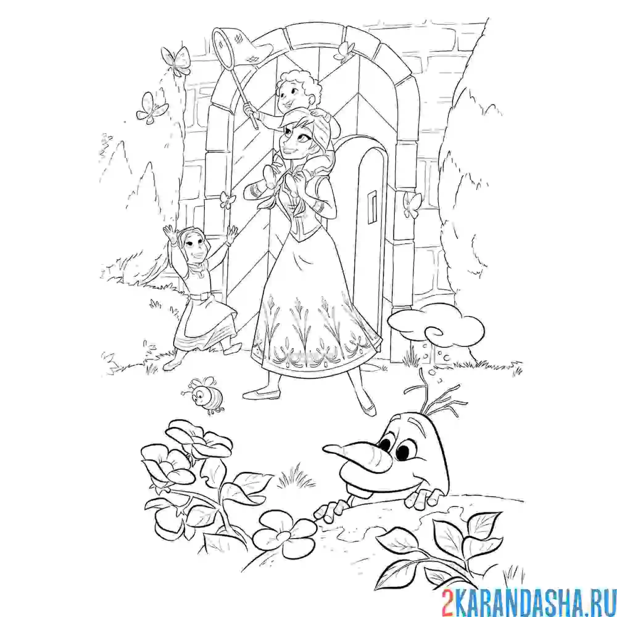 Раскраска анна и олаф веселятся вместе с детьми