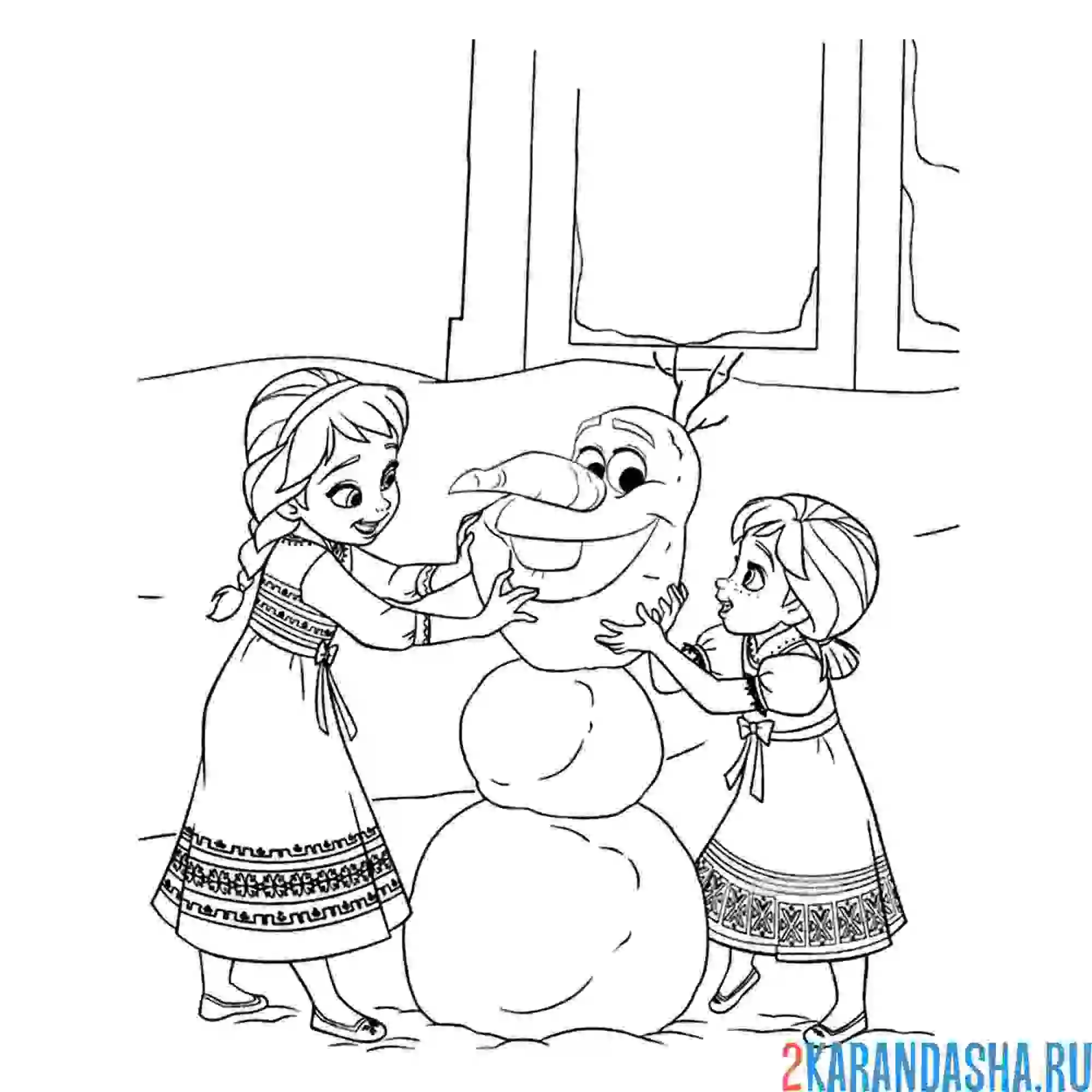 Раскраска анна и эльза лепят снеговика олафа