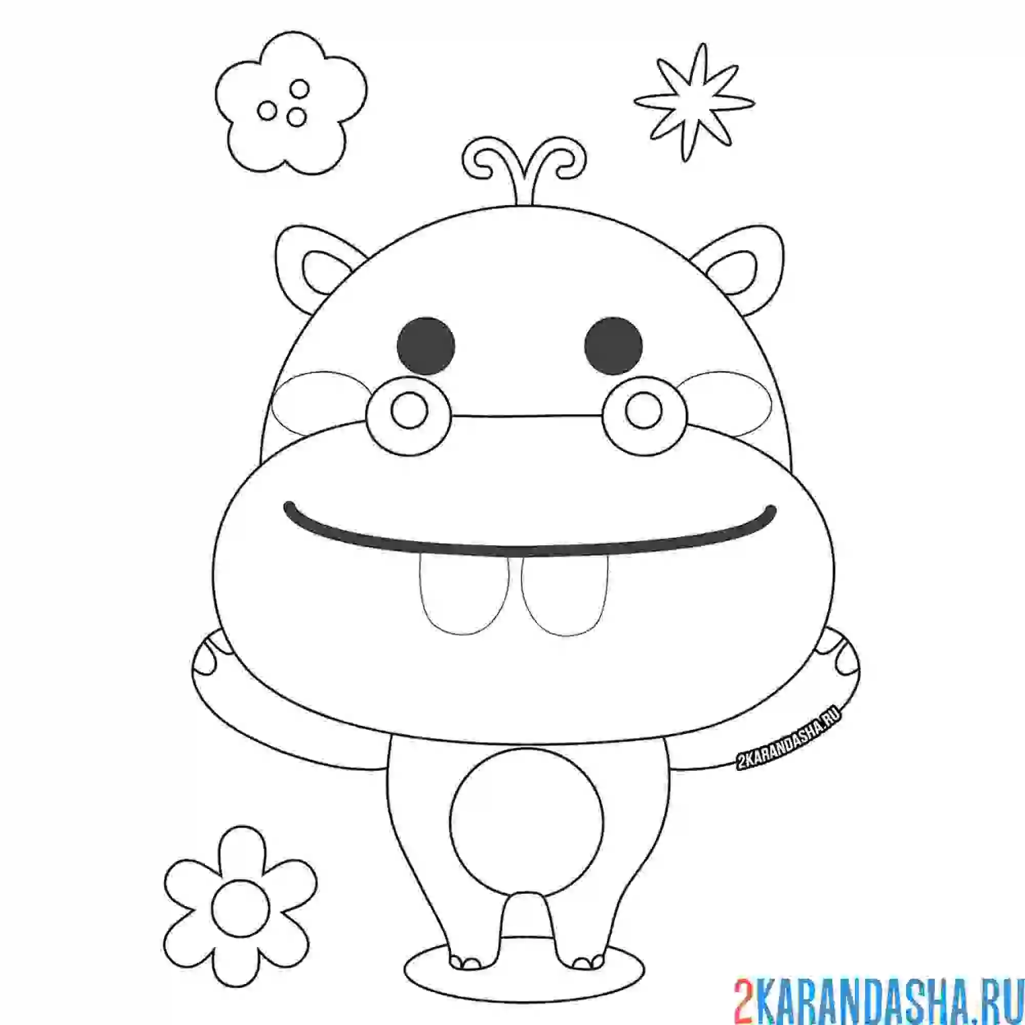 Раскраска бегемотик с цветочком