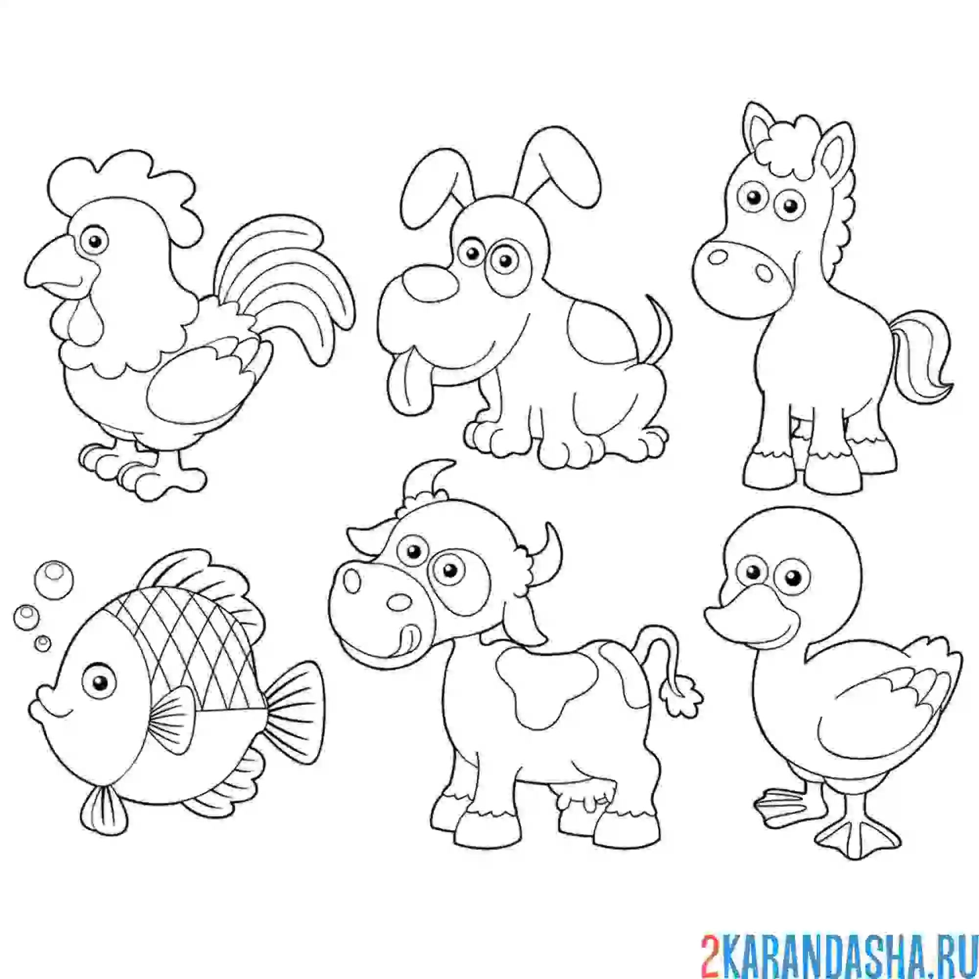 Раскраска животные петух, собачка, лошадка, рыбка, бычок, утка