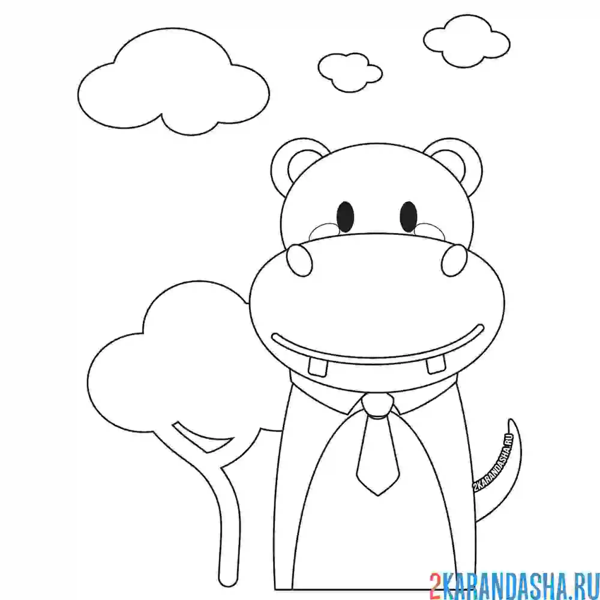 Раскраска бегемот в галстуке