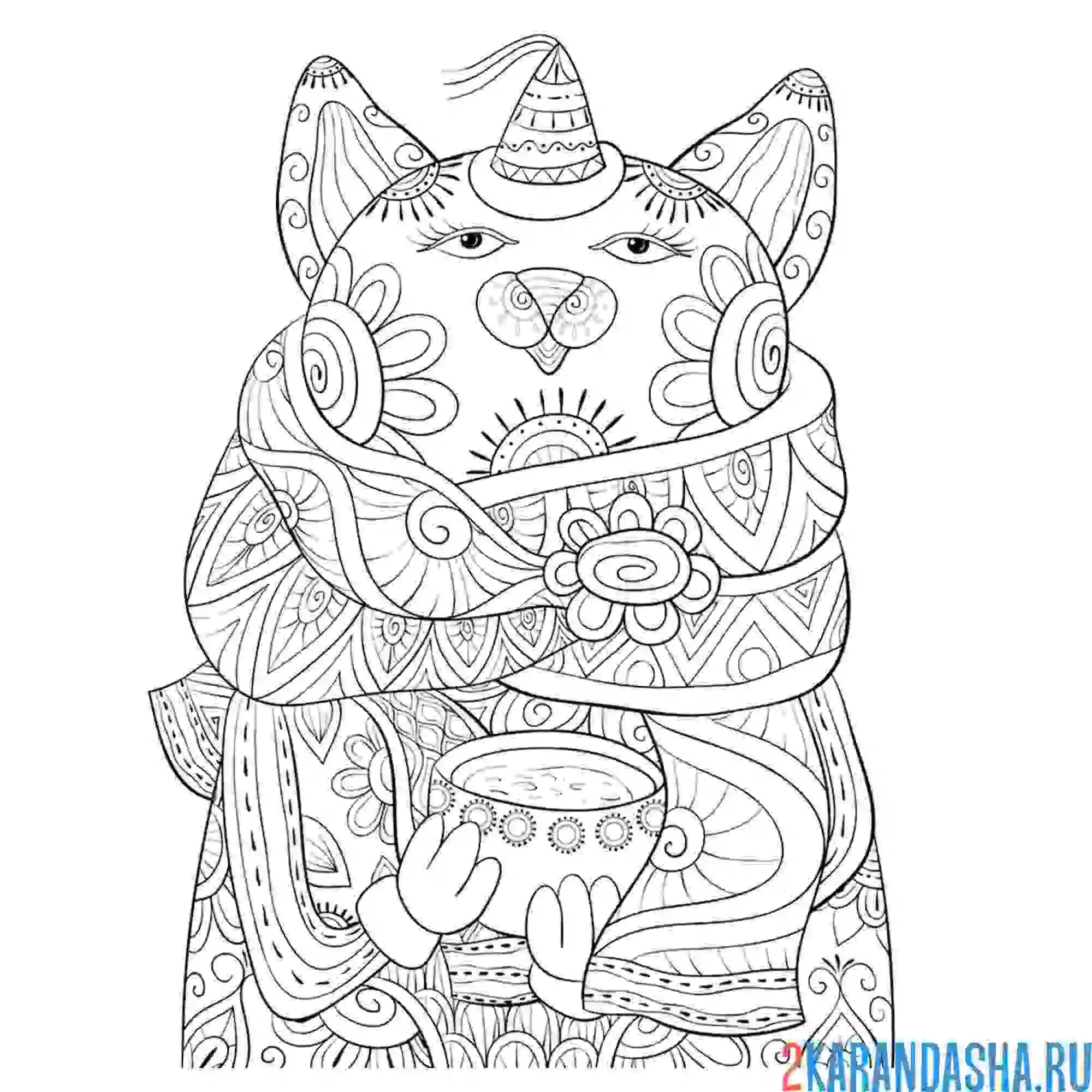 Раскраска котик в шарфе антистресс