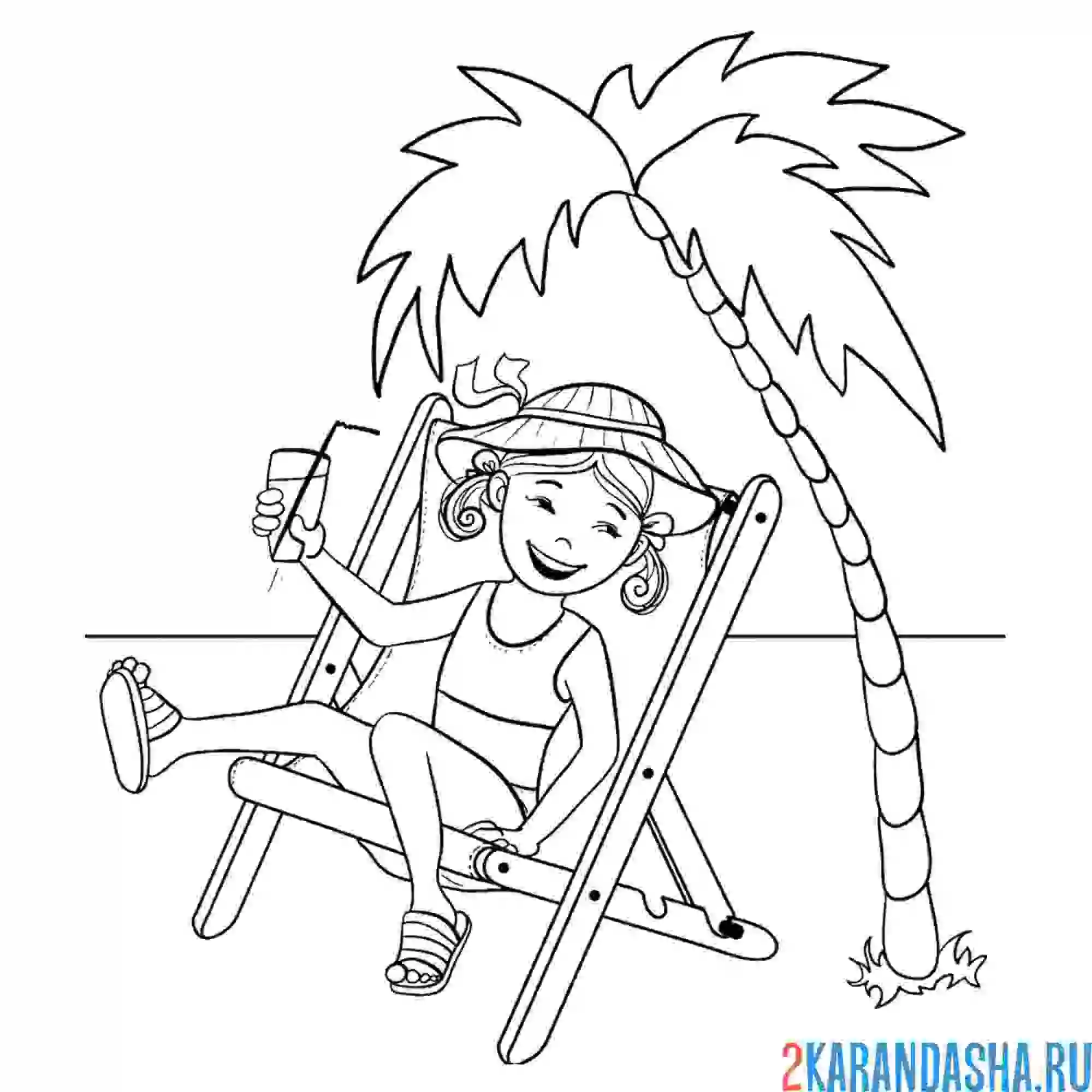 Раскраска девочка на пляже в купальнике