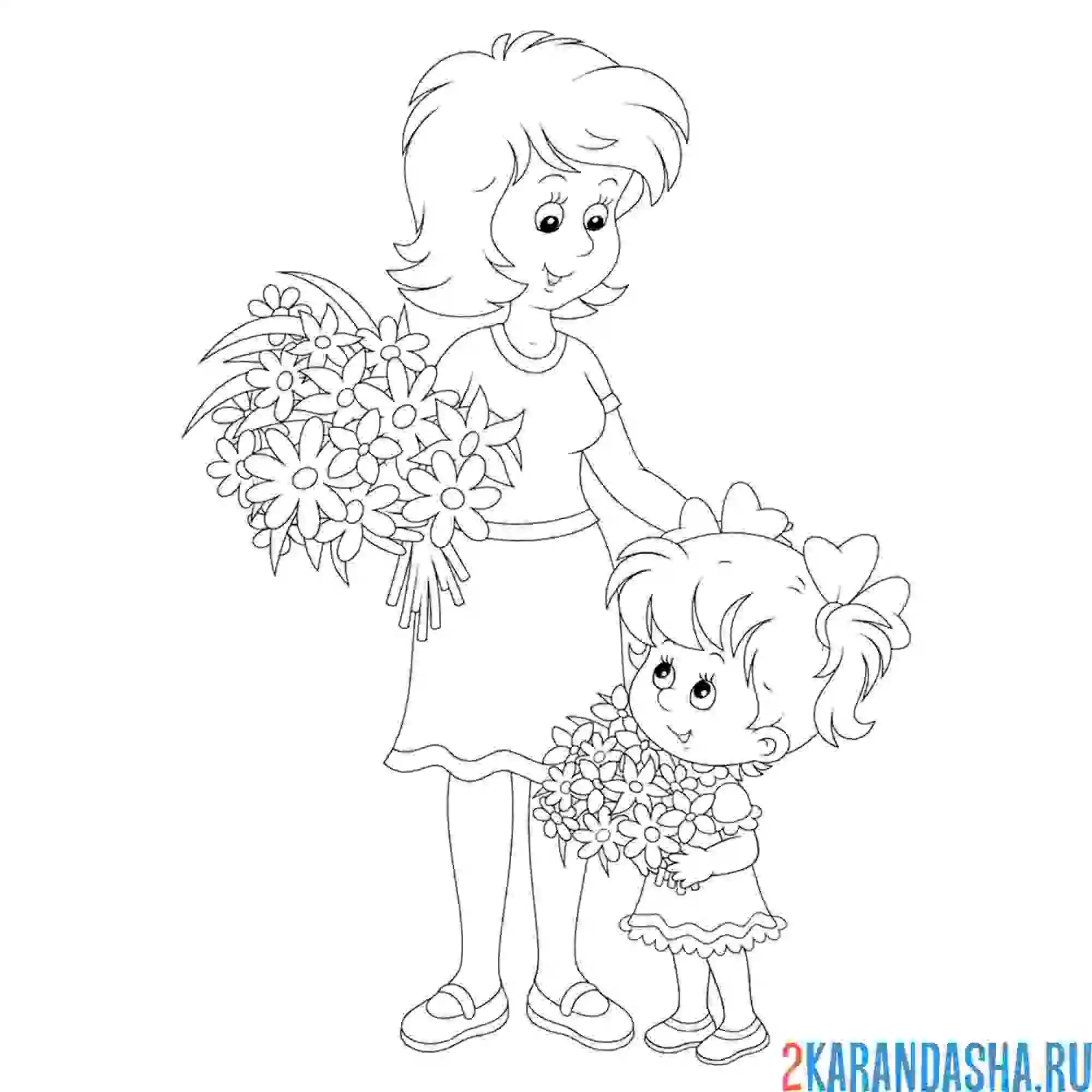 Раскраска мама и девочка с летним букетом