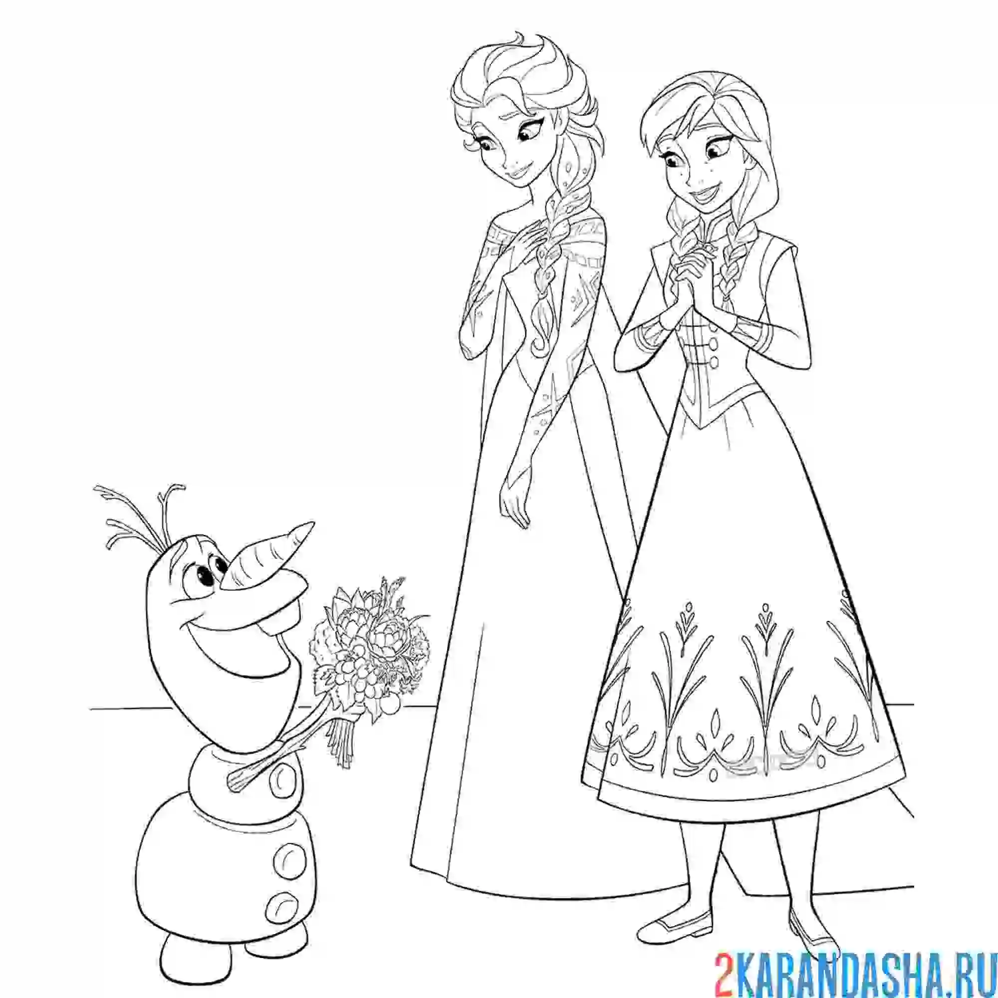Раскраска анна, эльза и снеговик олаф