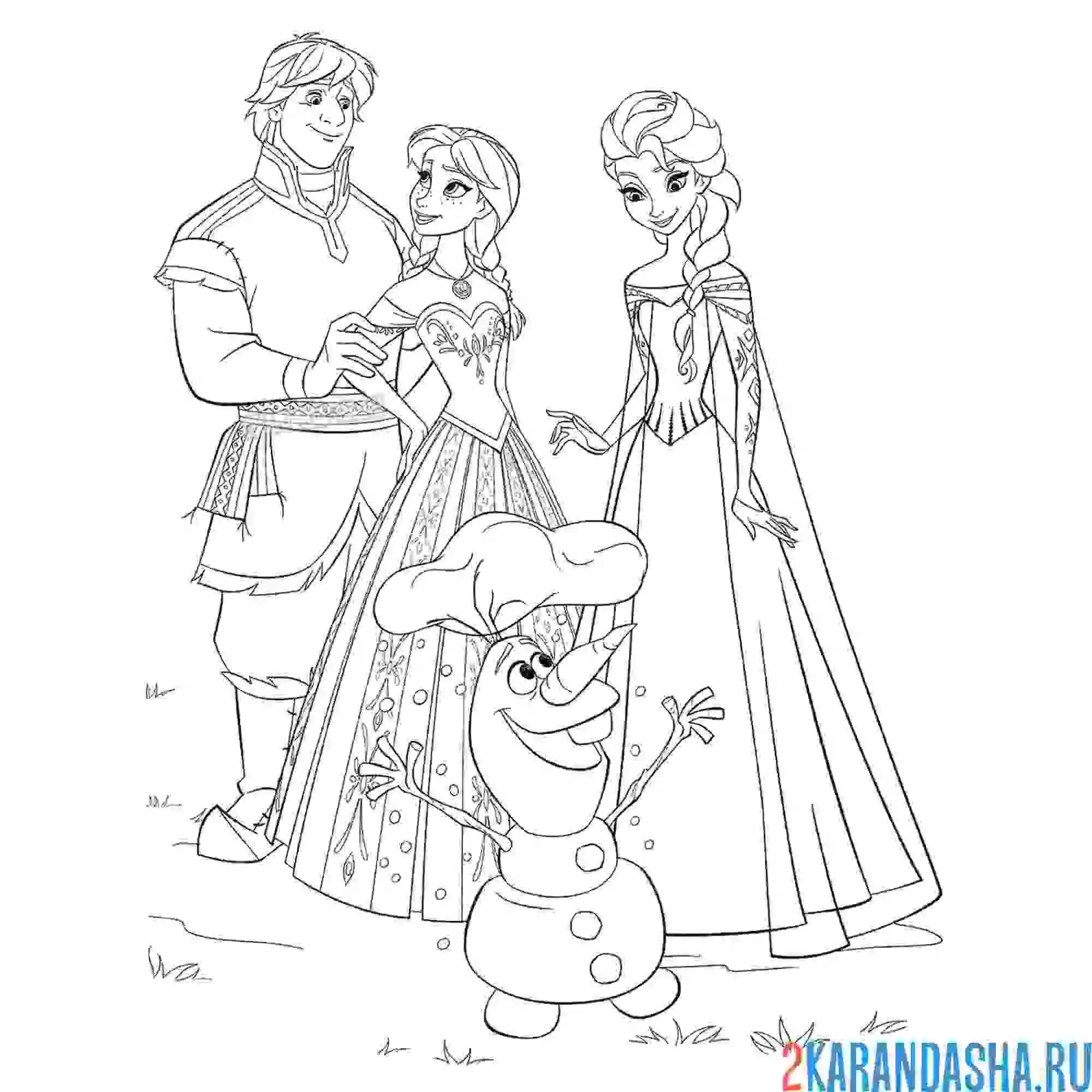 Раскраска анна, эльза, кристофф и смешной олаф