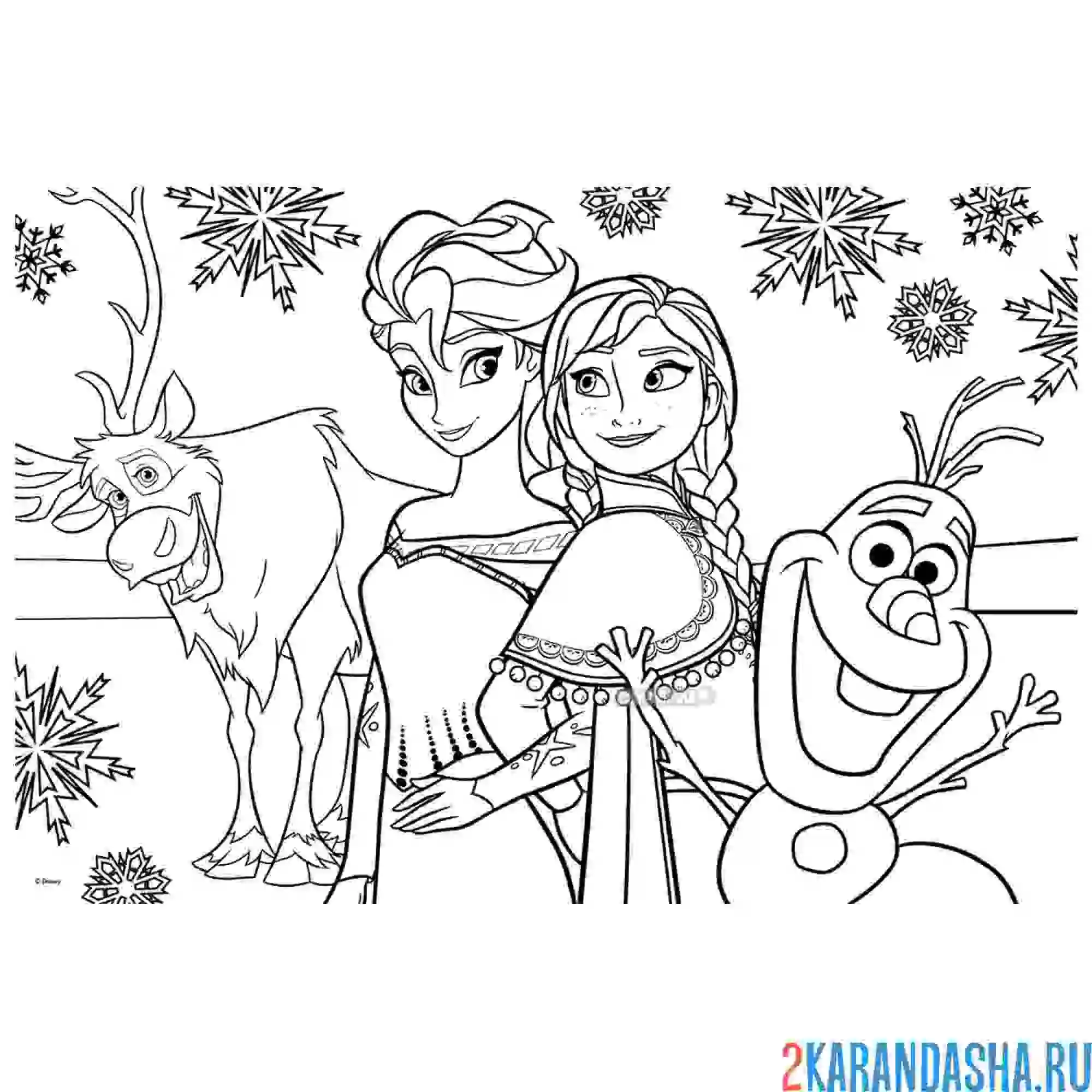Раскраска эльза, анна, свен и олаф