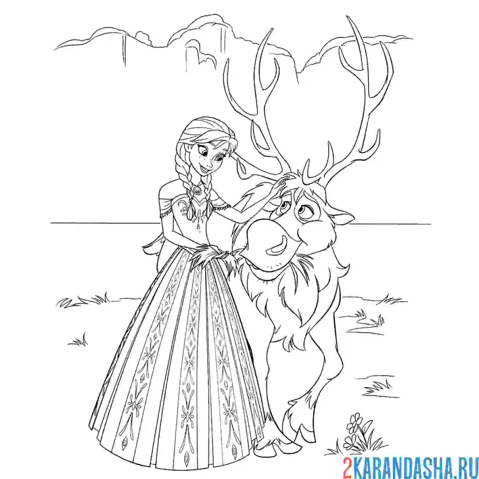 Раскраска милая анна и олень свен