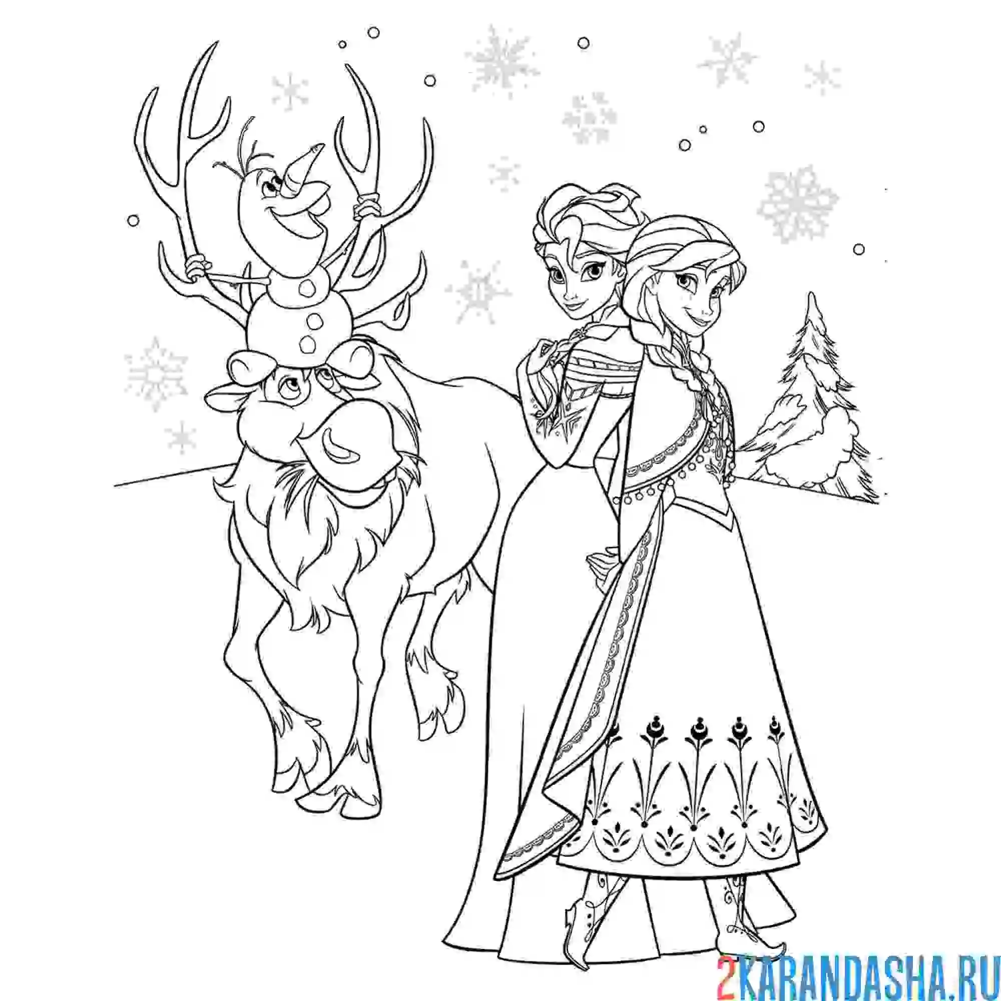 Раскраска эльза, анна, олень свен и снеговик олаф