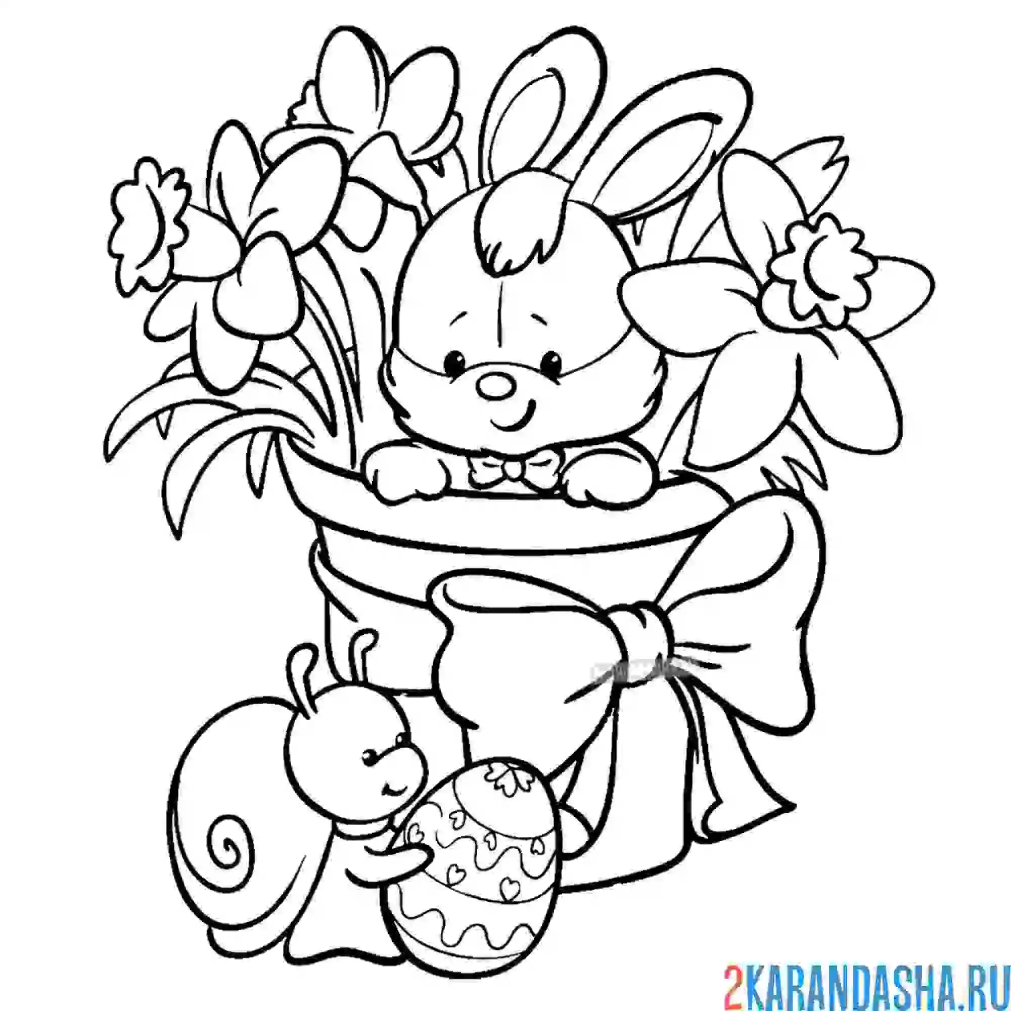 Раскраска милый зайчик и весенний букет цветов