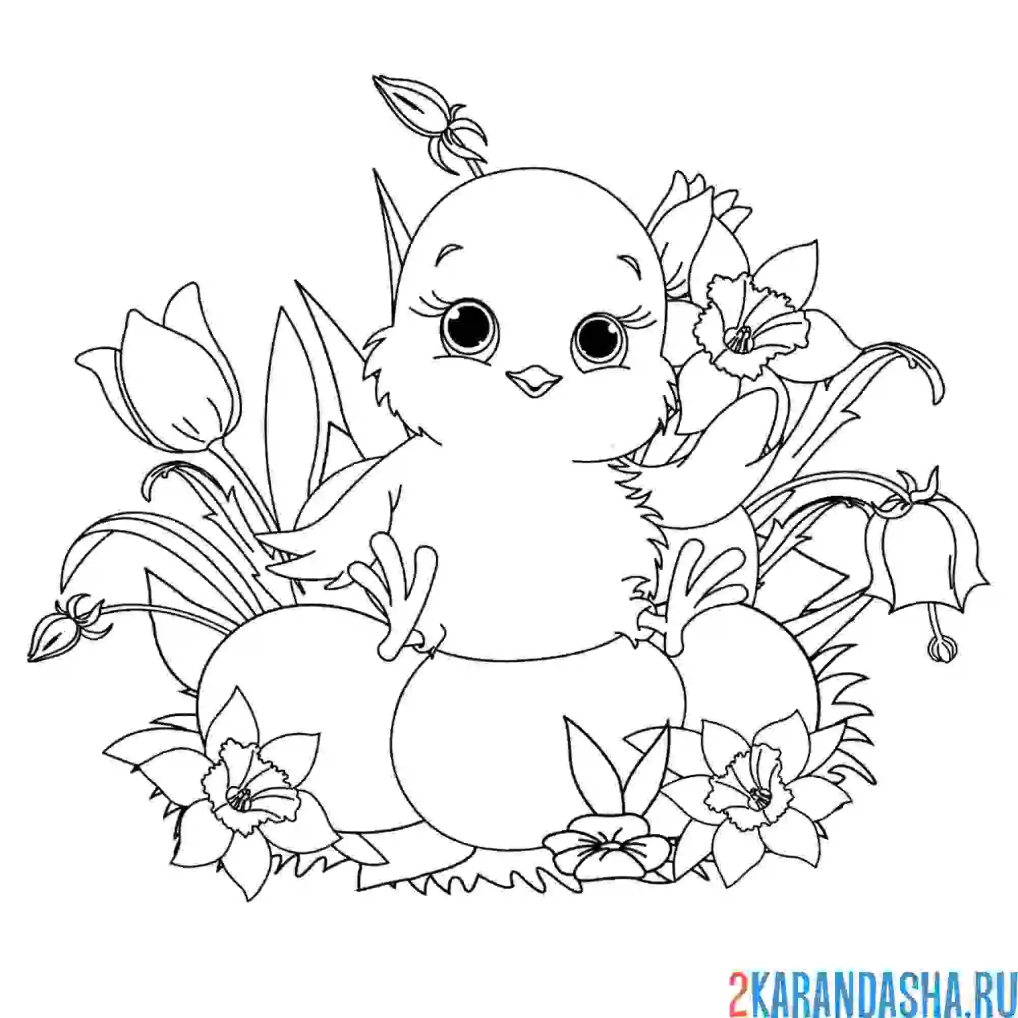 Раскраска милый утенок с пасхальными яйцами