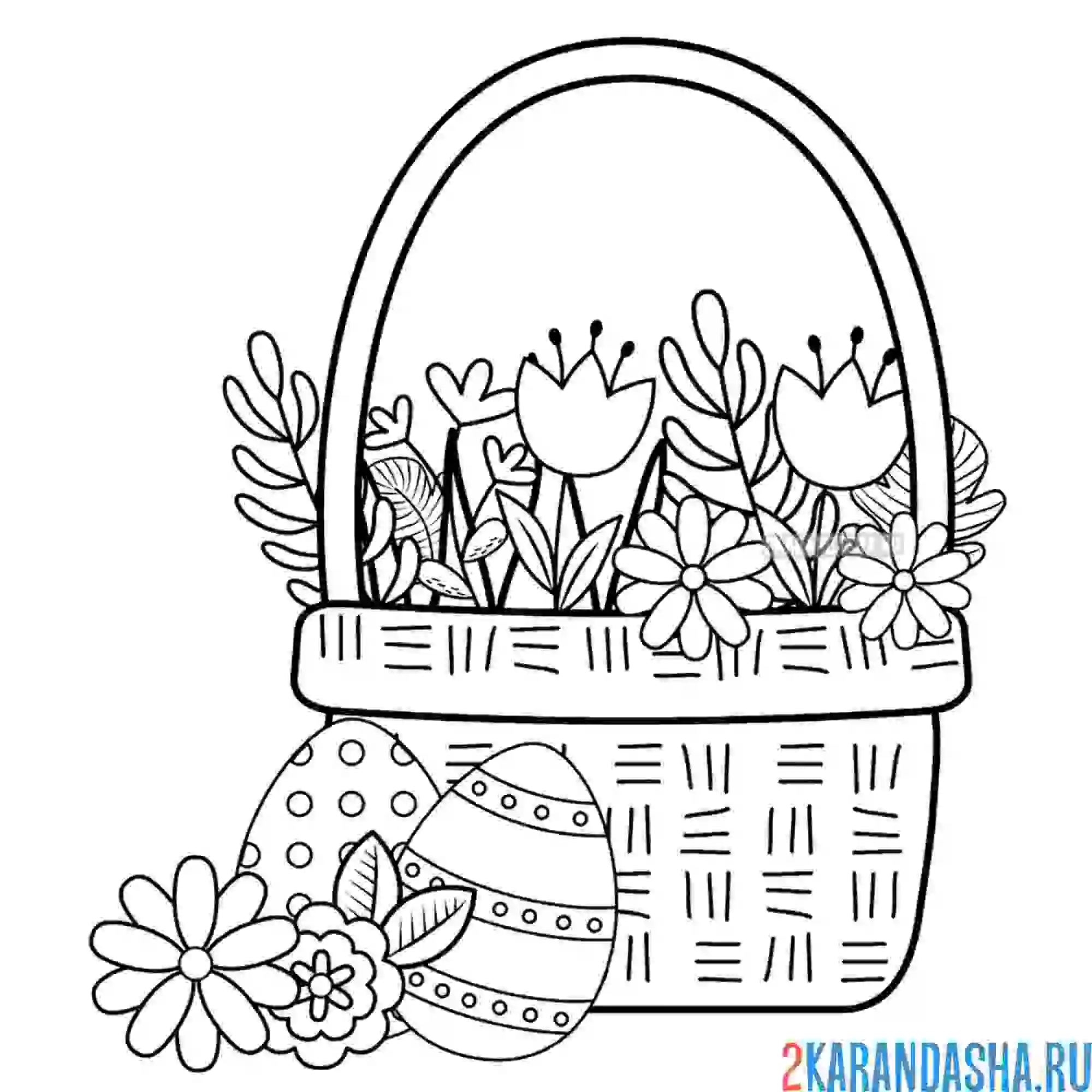 Раскраска цветы в корзинке и праздничные яйца