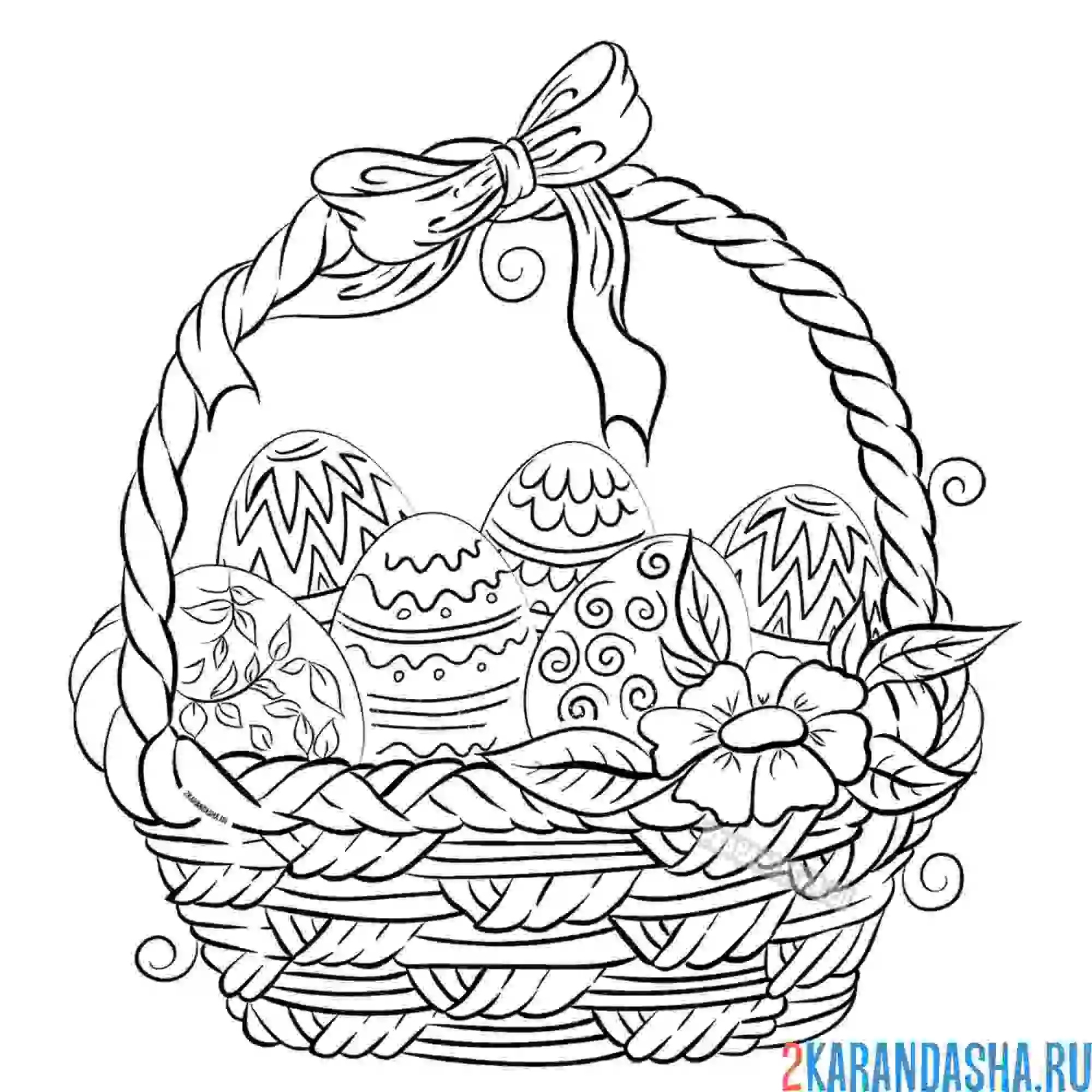 Раскраска пасхальная корзинка с цветами и яйцами