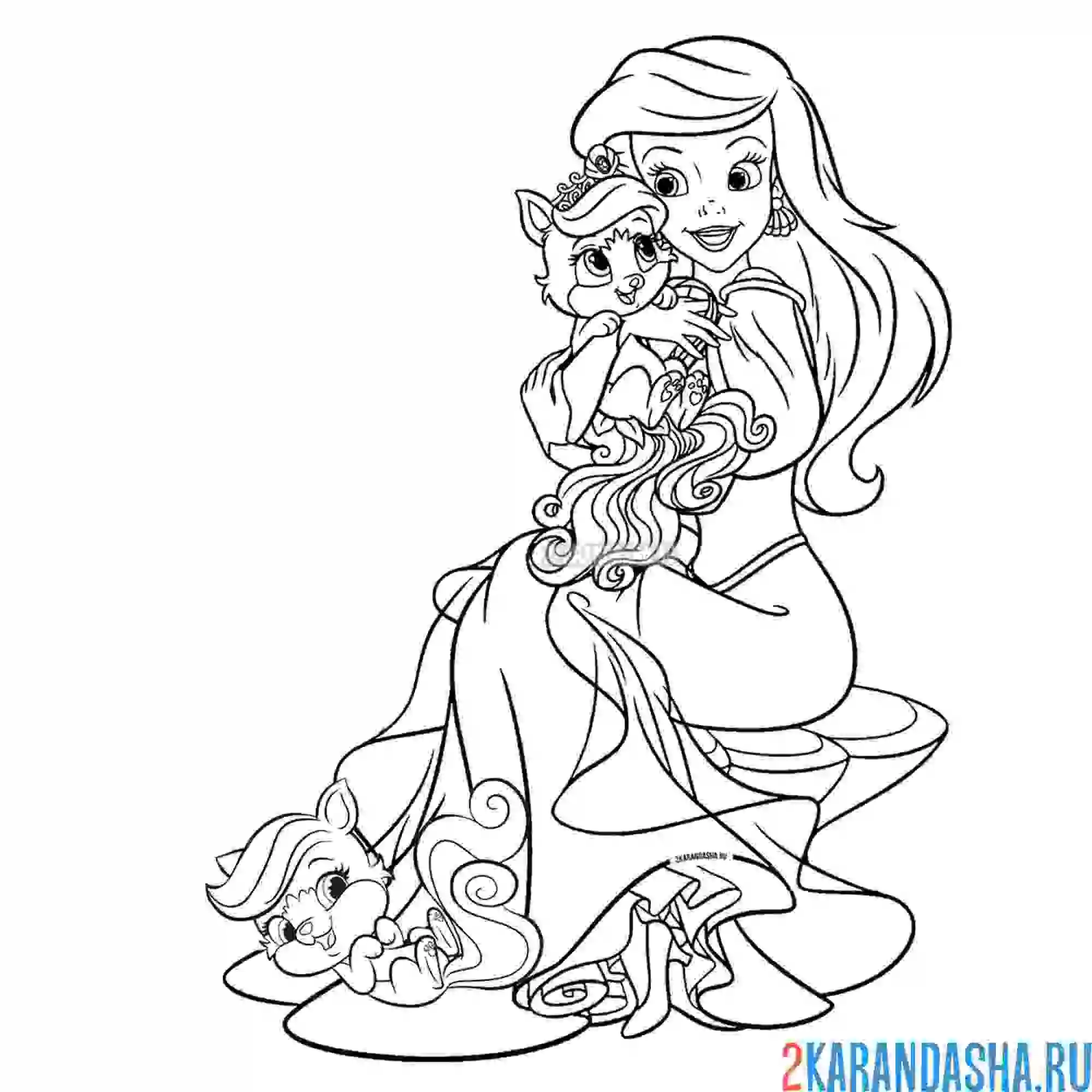 Раскраска принцесса ариэль с кошечками