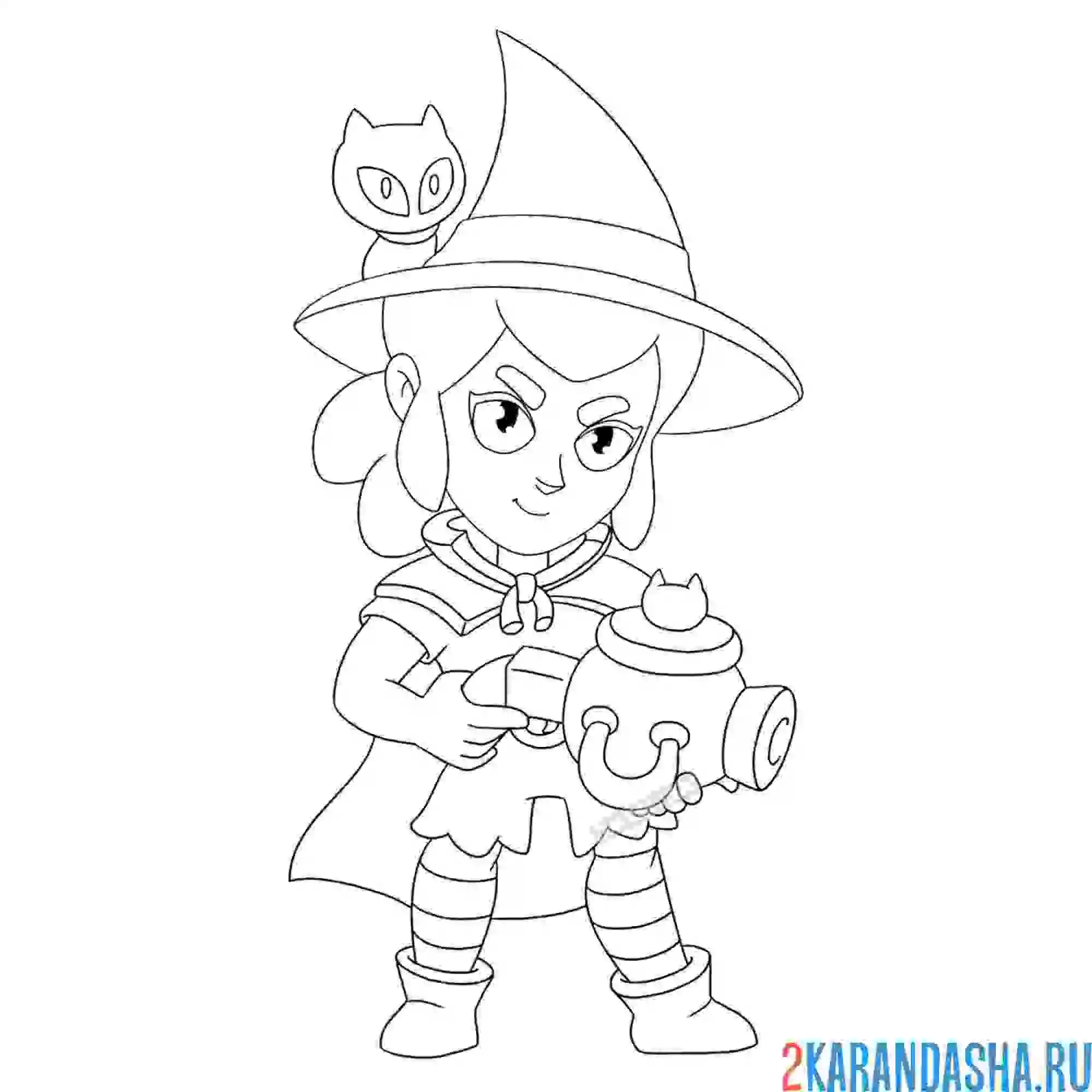 Раскраска ведьма шелли с кошкой