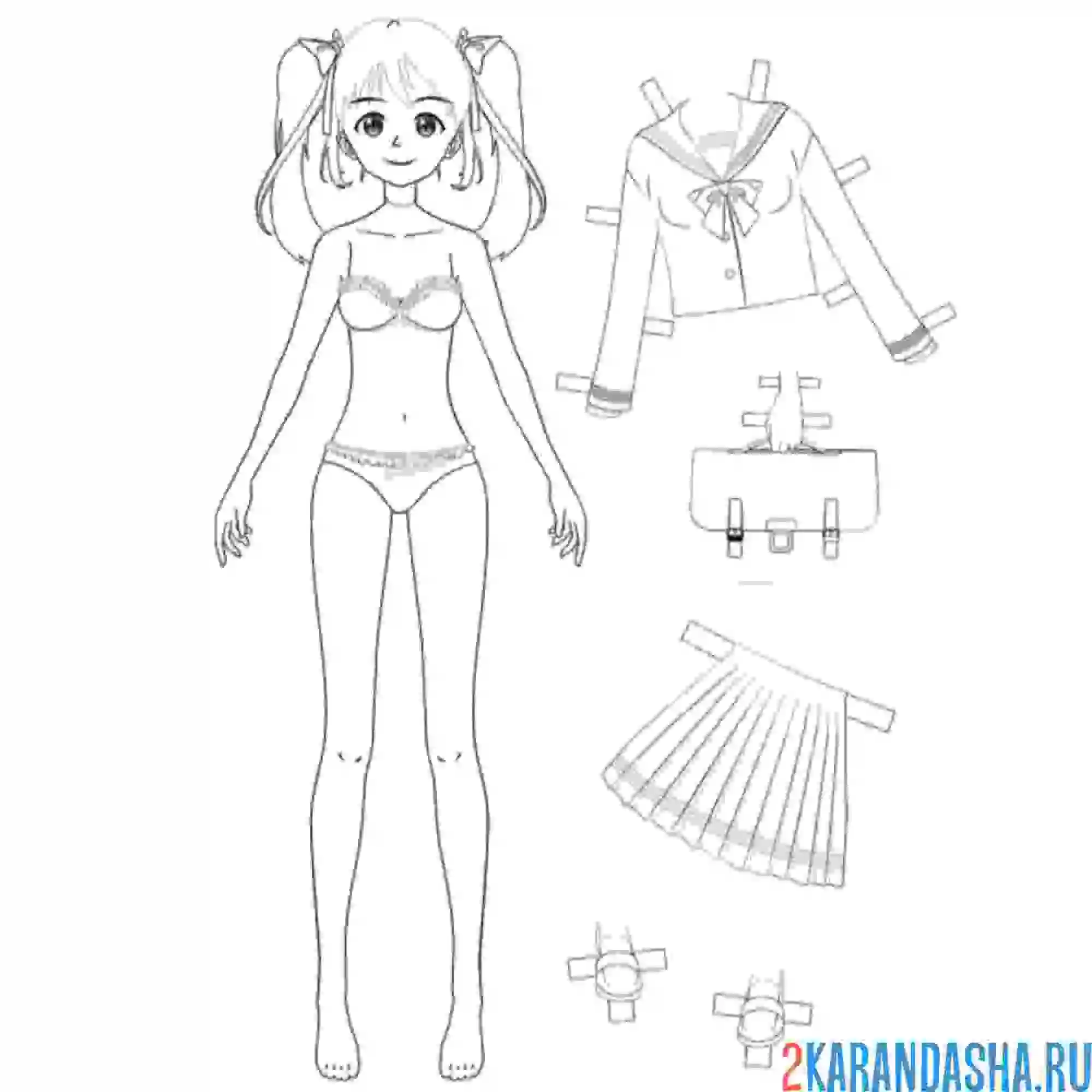Раскраска бумажная кукла для вырезания нико с одеждой: школьная форма