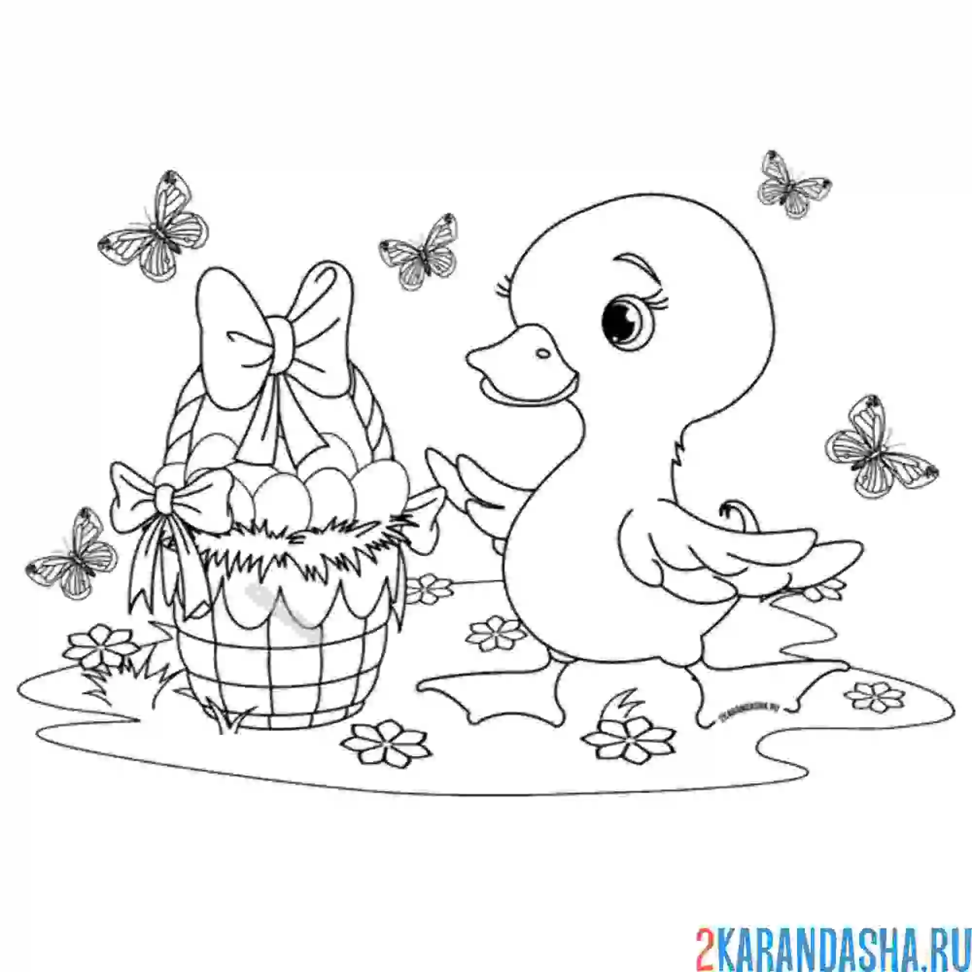 Раскраска милый пасхальный утенок и корзинка с яичками